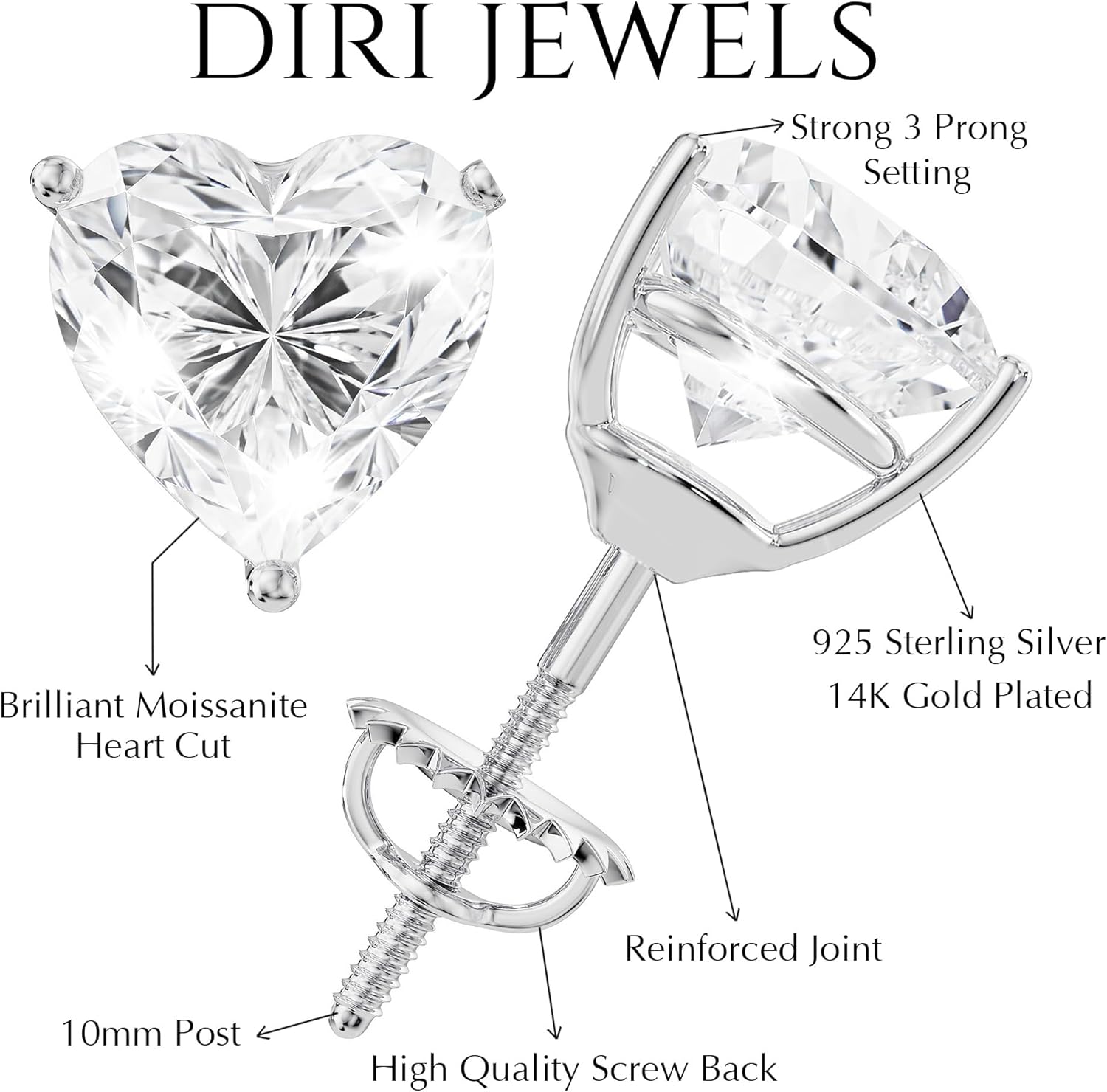Valentine’s Day Moissanite Stud Earrings Gift Set | 2CT Trillion & 1CT Heart Cut Earrings | 14K White Gold Plated 925 Sterling Silver | Romantic Jewelry Gift for Her - Image 2