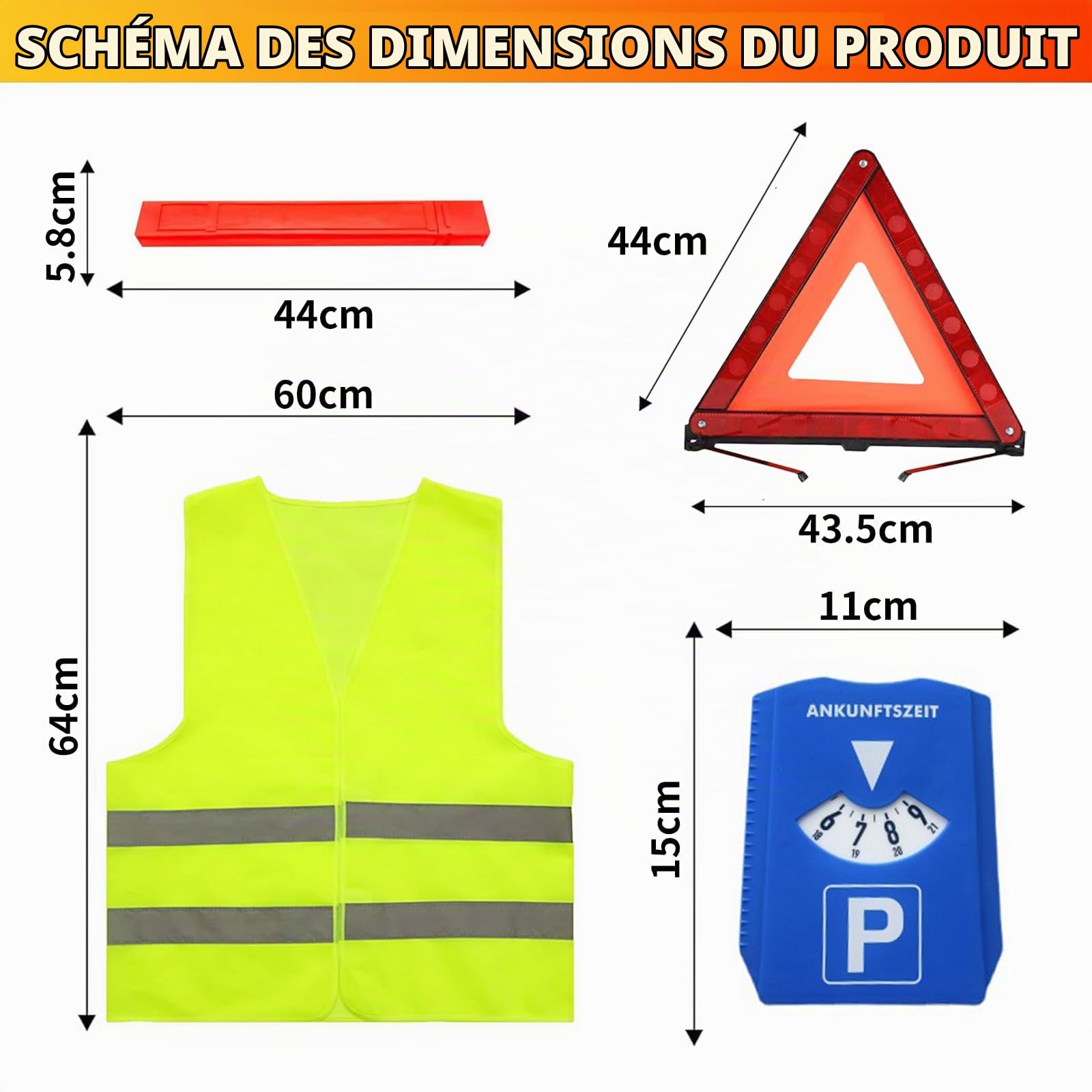 2 Pièces Triangle de Signalisation, 2 Pièces Gilet Jaune et Un Disque Bleu de Stationnement, Triangle et Gilet Jaune pour Voiture Kit de Sécurité Routière