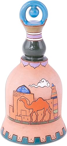 NOVICA Campana decorativa hecha a mano de cerámica clásica pintada a mano Marrón Azul Uzbekistán Accesorios Acentos para el hogar Cultural Arte