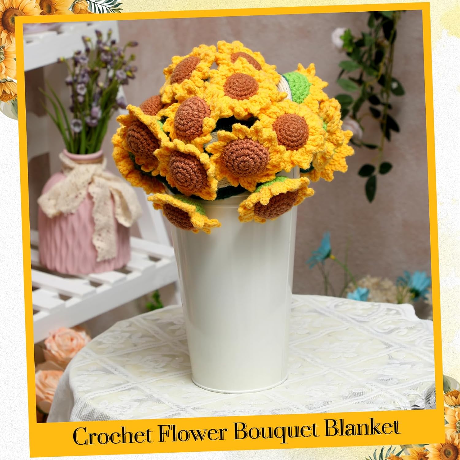 Crochet Flowers Blanket Handmade Floral Bouquet Throw Blanket Soft Lightweight Cozy Knitted Gifts for Women Birthday Anniversary Christmas Wedding Party Presents, 33.5 x 33.5 inch(Sunflower)