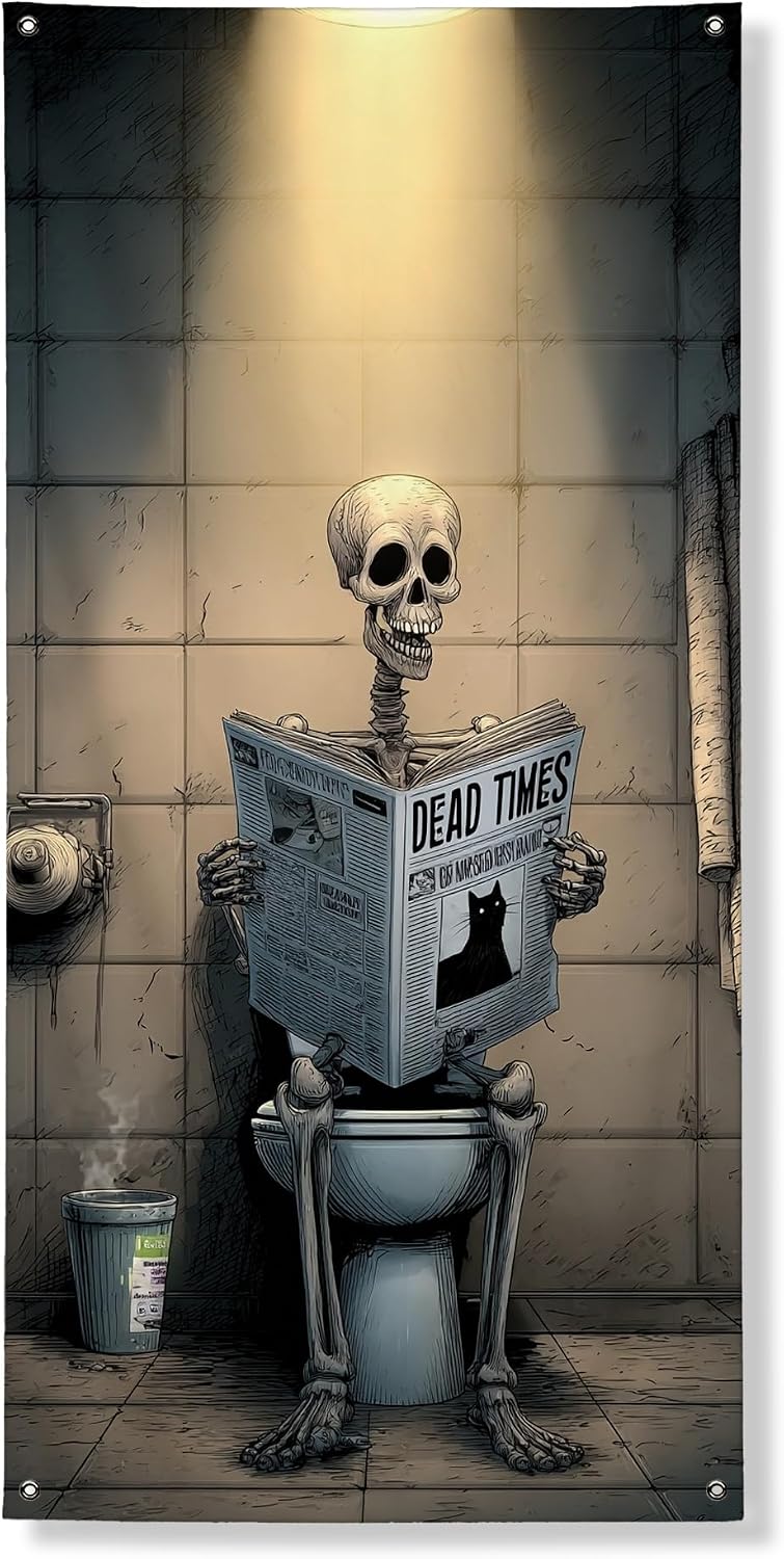 Funny Skeleton Door Cover Banner Decorative, Humorous Vintage Bathroom Decor, Halloween Indoor Outdoor Party Supplies 36x72 Inch