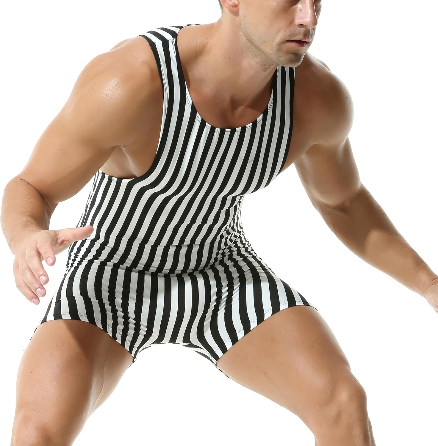 DTODWW Mens Striped Wrestling Singlet Bodysuit One Piece Swimsuit Stretchy Base Layers Pajamas Leotard Athletic Jumpsuit