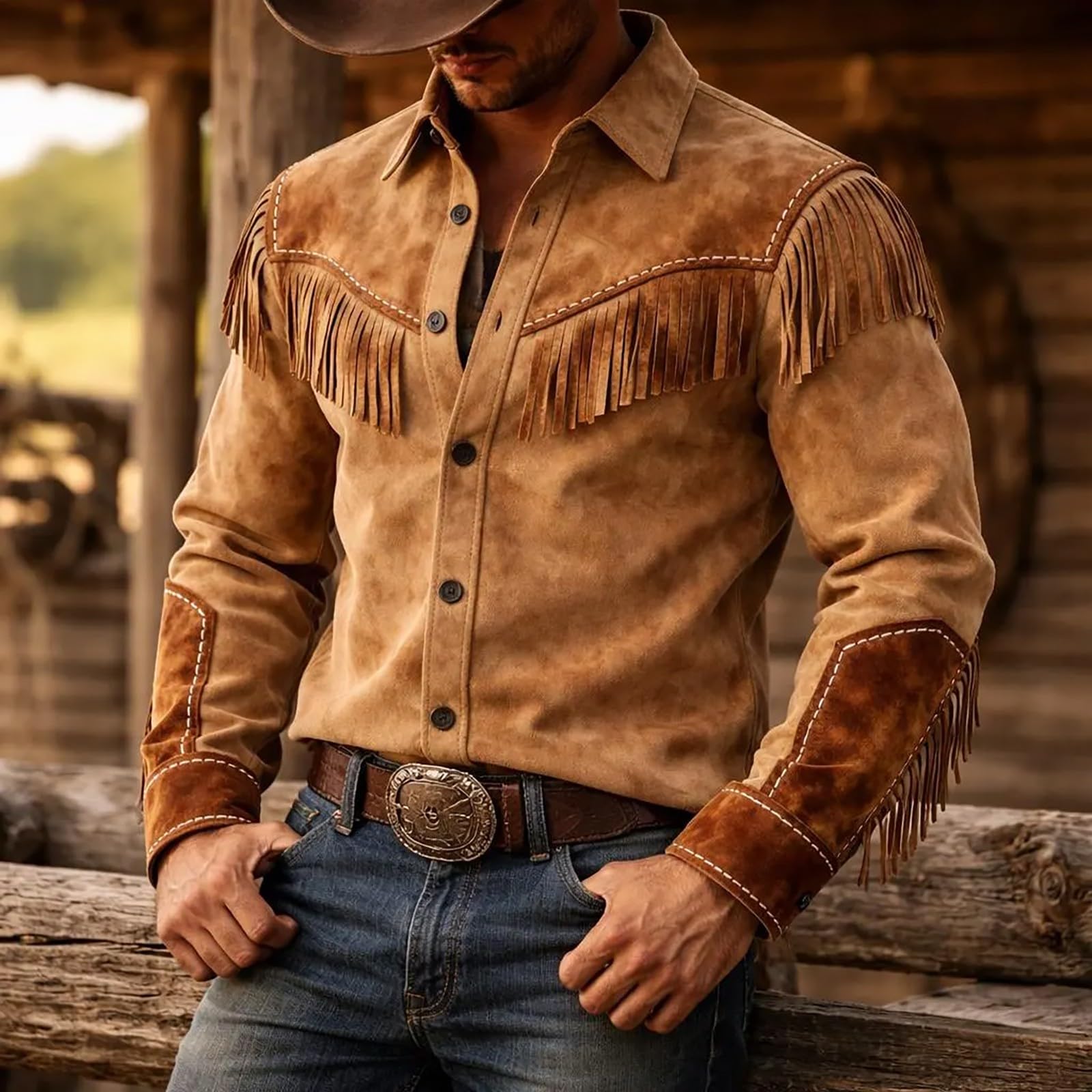 70 Jahre Disco Kleidung Herren,Herren Umlegekragen-Hemd Western Stil mit Knopfleiste lässigem Fransendetail für modische Oberteile