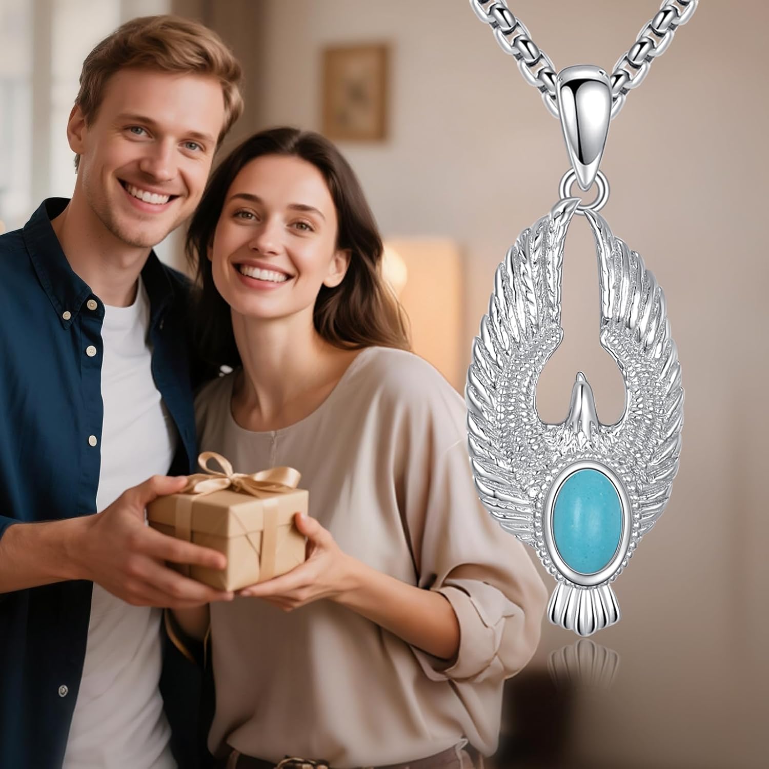 Eagle Necklace 925 Sterling Silver Artificial Turquoise Vintage Hawk Pendant Western Viking Animal Jewelry Gift for Women Men