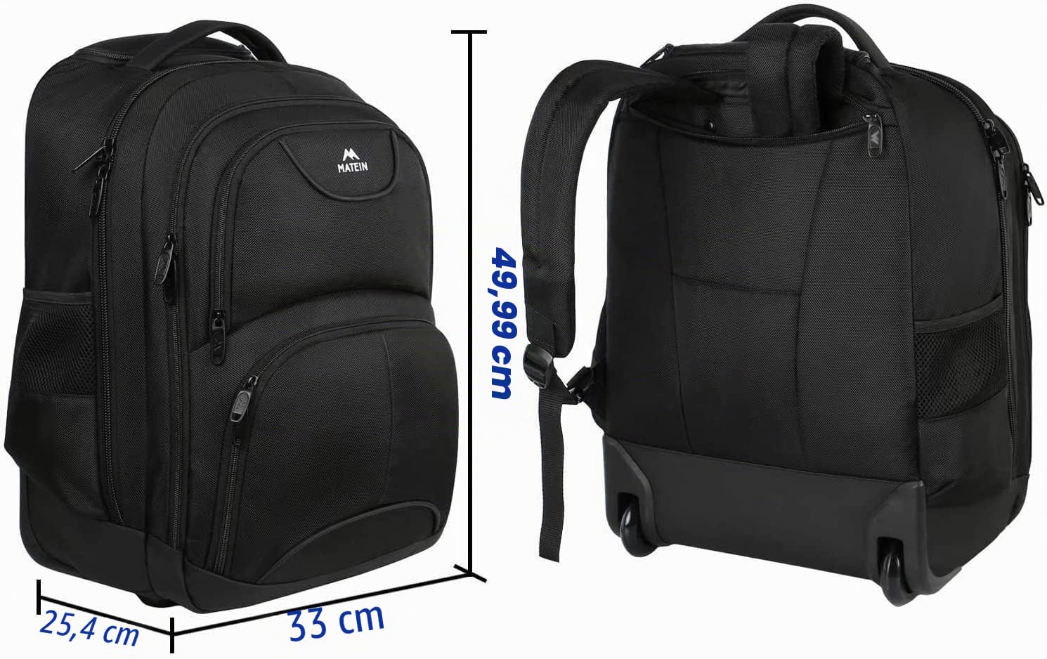 MATEIN Zaino Trolley per PC Portatile con Ruote, Bagaglio a Mano da Cabina per Laptop fino a 17 Pollici, Zaino da Viaggio per Aereo, Scuola, Affari e Università, Nero
