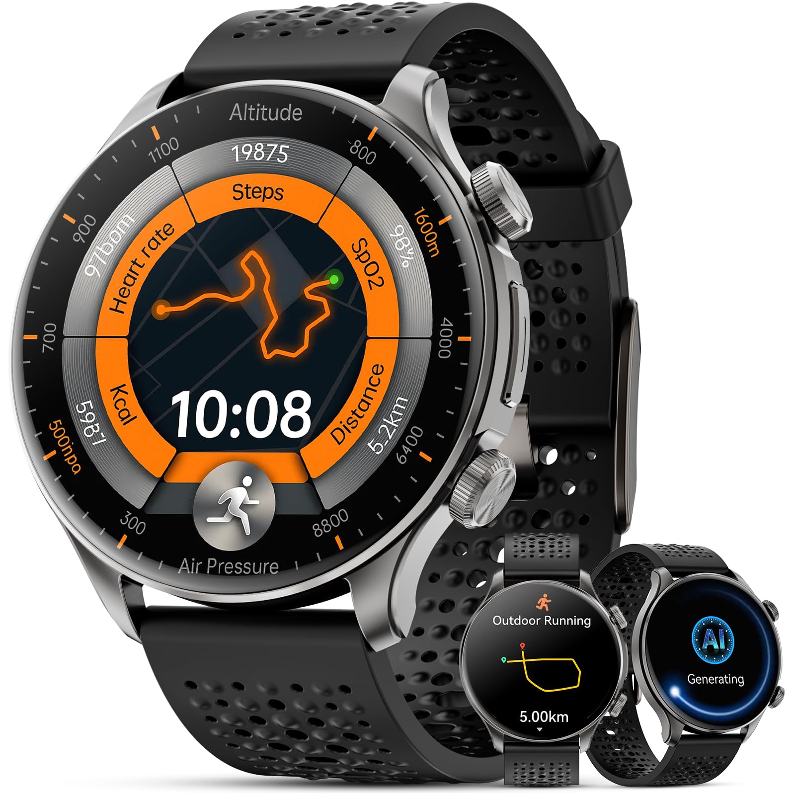 Joautrial Reloj Inteligente Hombre GPS, 1.60" AMOLED Smartwatch, 170+ Modos Deportivos, Música, Álbum, Grabación, Llamadas Bluetooth, Asistente IA, Brújula, 5ATM Impermeable, para Android iOS (Negro)