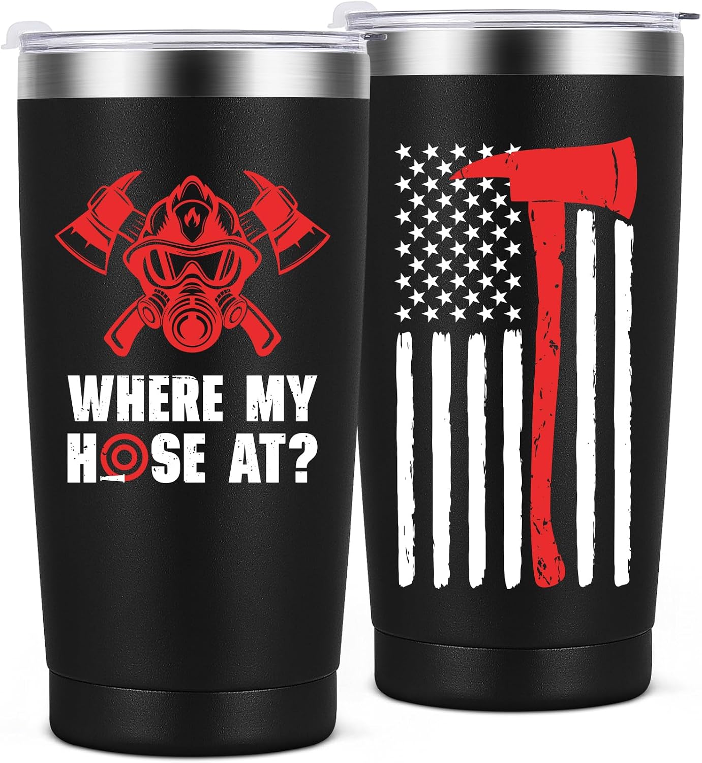 20oz Firefighter Tumbler for Men, Thin Red Line Where My Hose At Insulated Stainless Steel Travel Coffee Mug with Lid, Straw & Brush, Gifts for Fireman Dad Husband Birthday Father's Day