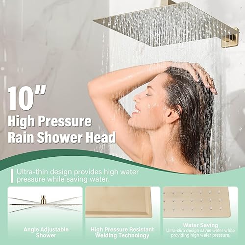 Miniatura 2 de Juego de grifo de ducha con sistema de ducha de lluvia de 10 pulgadas y rociador de mano, accesorios de ducha de baño dorado cepillado con válvula