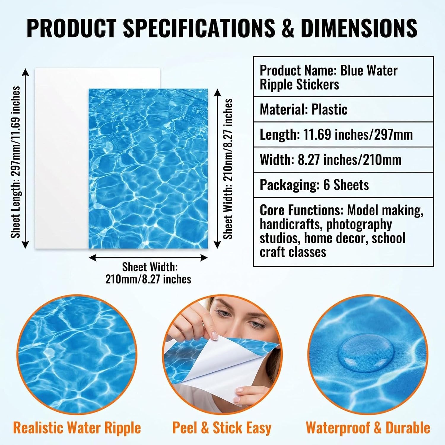 6 Sheets 11.69×8.27 Inch Blue Ripple Water Sticker, Self Adhesive Wave Effect Decals, Realistic Pool Surface Sheets for Model Making, DIY Crafts, Photography Backdrops, Home Decor
