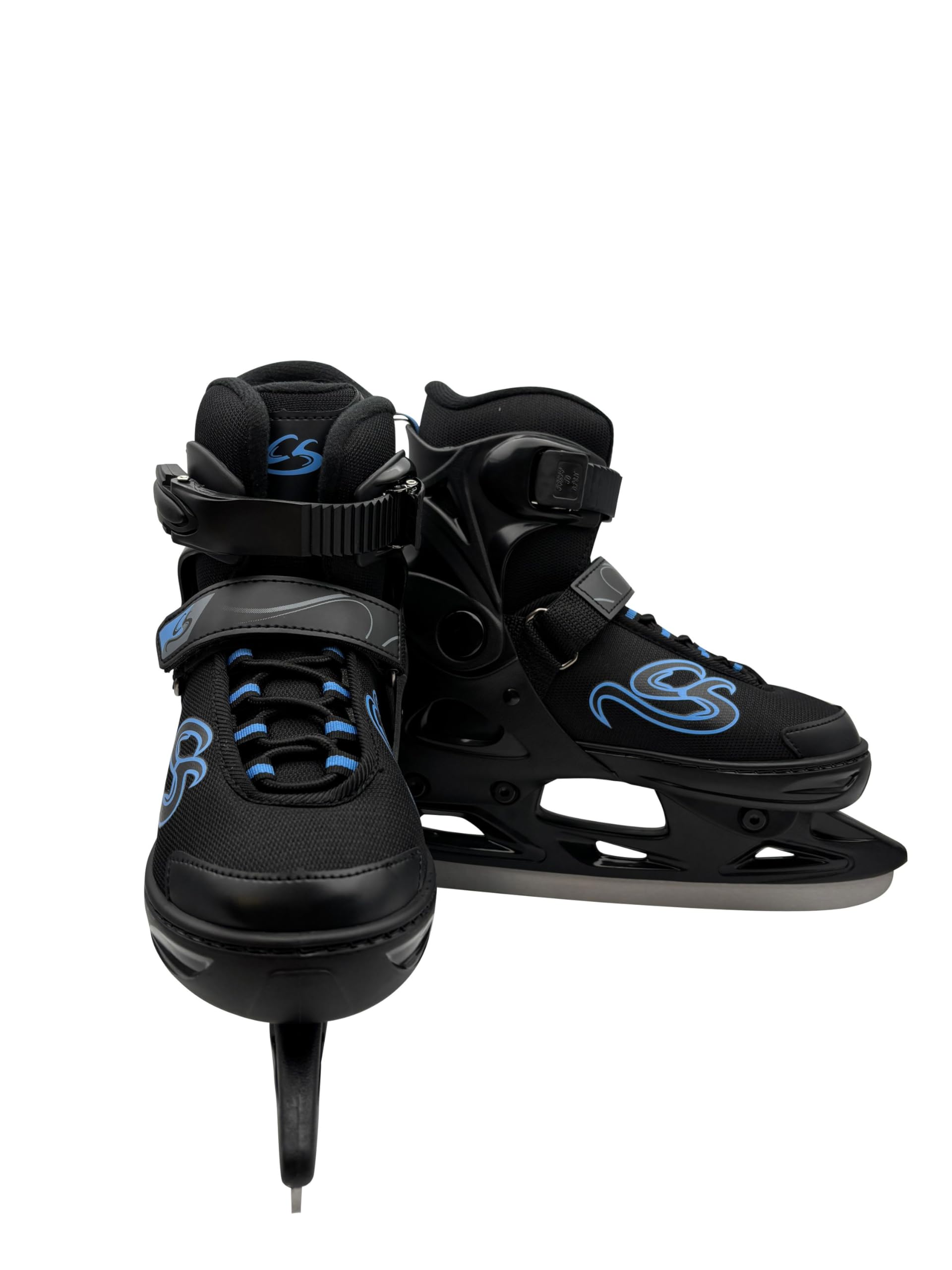 Cox Swain verstellbare Schlittschuhe Crystal, Eislaufschuhe für Kinder, Jugendliche und Erwachsene bis 100KG, vorgeschliffene Edelstahlkufe, Softboot, Black/Blue Gr. XS (29-32)