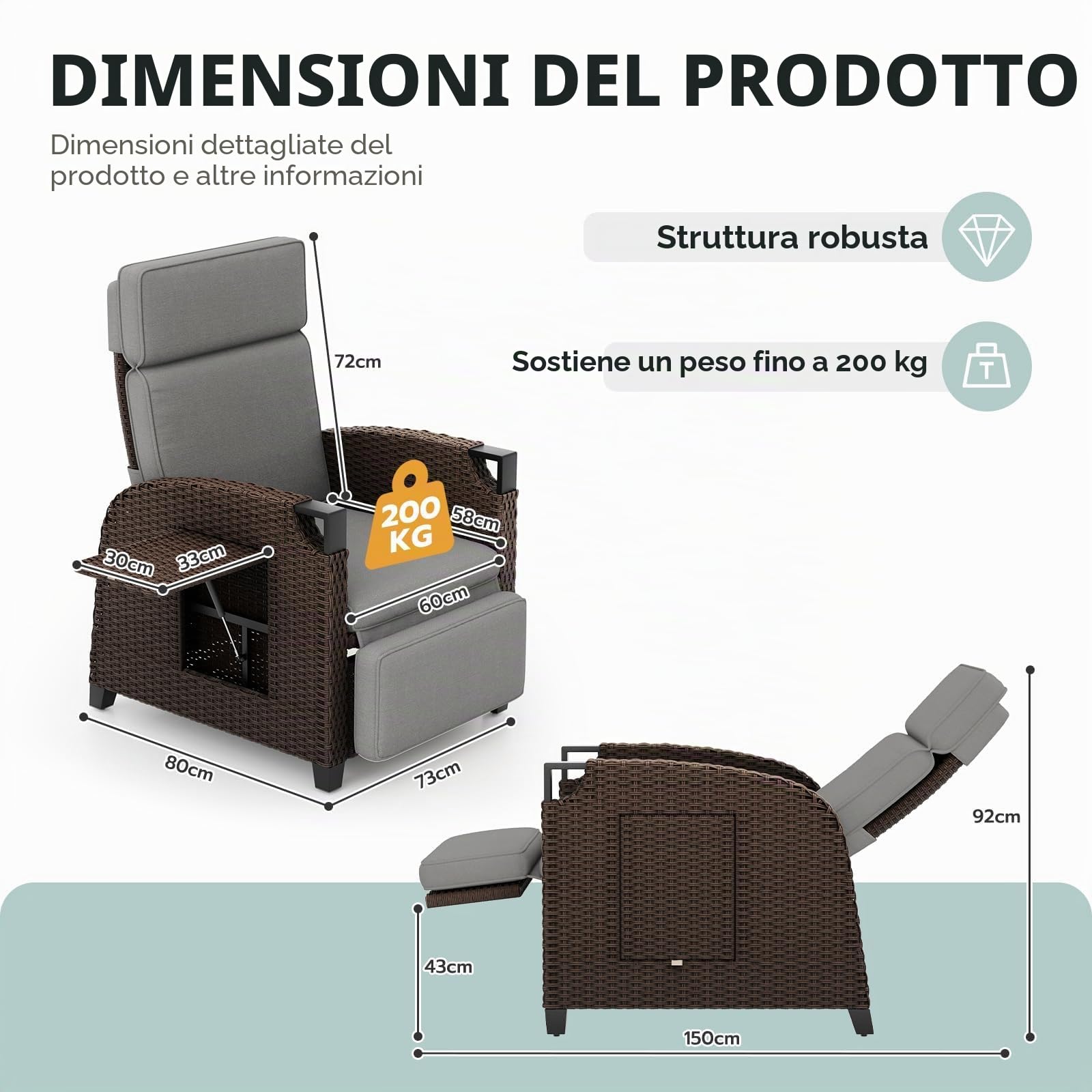 UDPATIO Sedia a Sdraio Reclinabile in Polyrattan con Cuscini, con Tavolino per Interni, Resistente Alle Intemperie, Regolazione 150°, per Interno ed Esterno - Marrone
