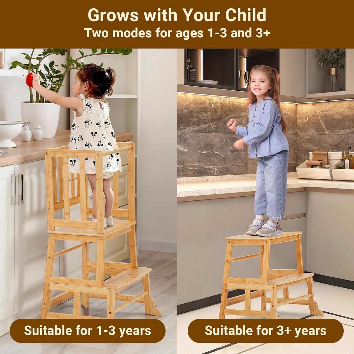 Image showing the COSYLAND toddler step stool in two configurations, demonstrating its adjustability for children aged 1-3 years and 3+ years.