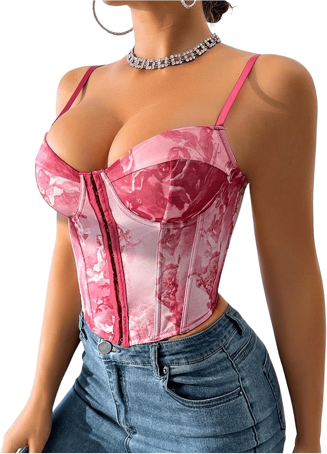 OYOANGLE Women's Graphic Print Boned Lace Up Bustiers Spaghetti Strap Renaissance Vintage Corset