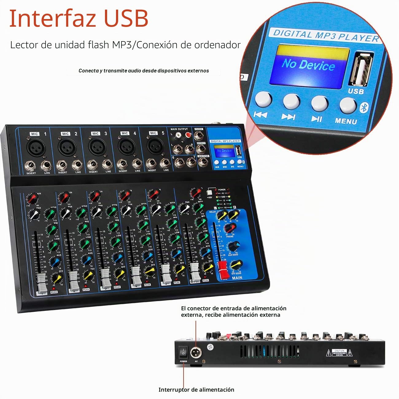 Depusheng HT7 Consola de mezclas de audio Bluetooth portátil con mesa de mezclas DJ USB y entrada MP3, alimentación de 48 V para grabaciones en computadora, consola de mezclas de 7 canales para