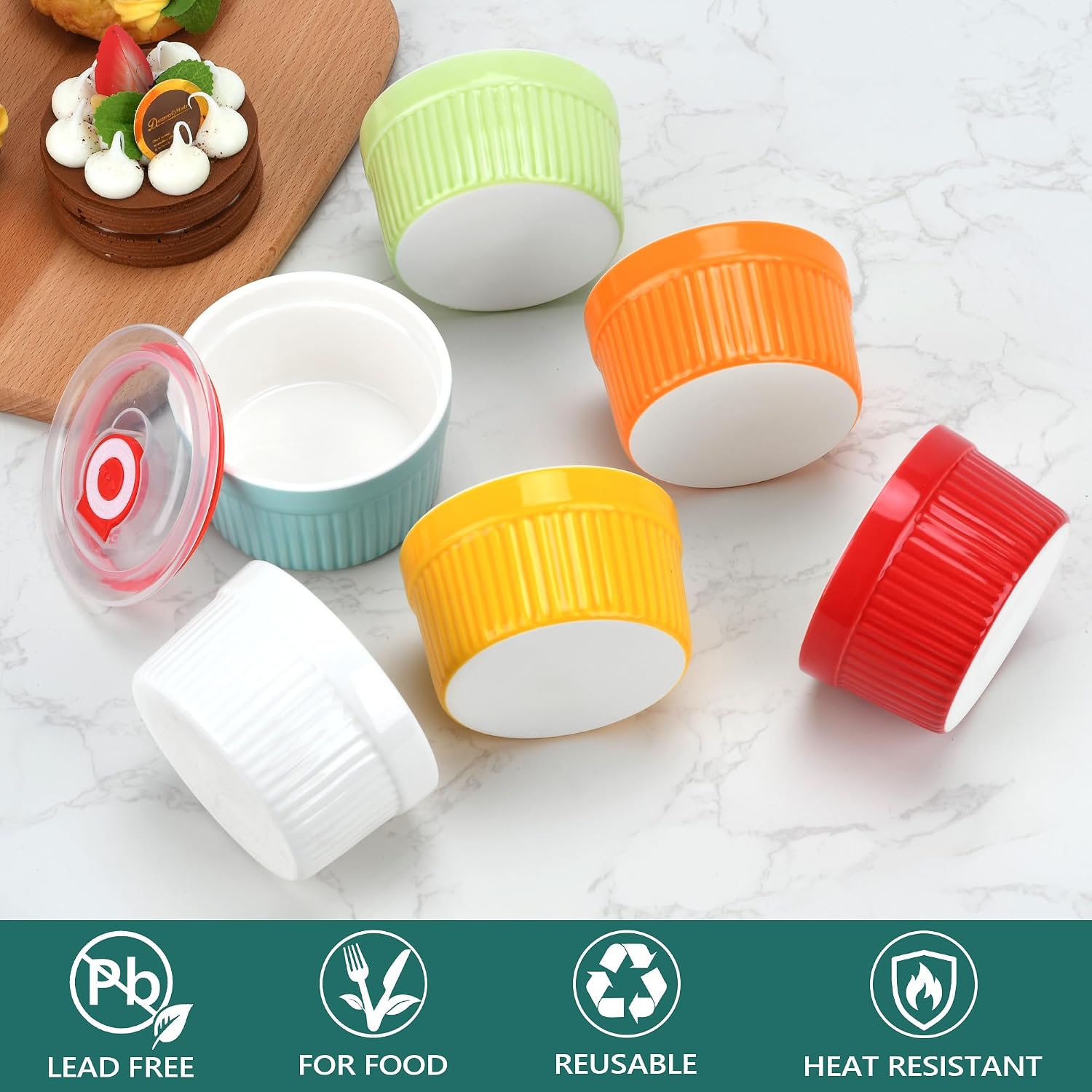 6-Pack 7oz Ceramic Ramekins with Lids - Oven Safe, Microwave & Freezer Safe, Stackable Dessert Cups for Baking Pudding, Soufflé, Crème Brûlée, Custard, Lead-Free & Heat Resistant (Multicolor)