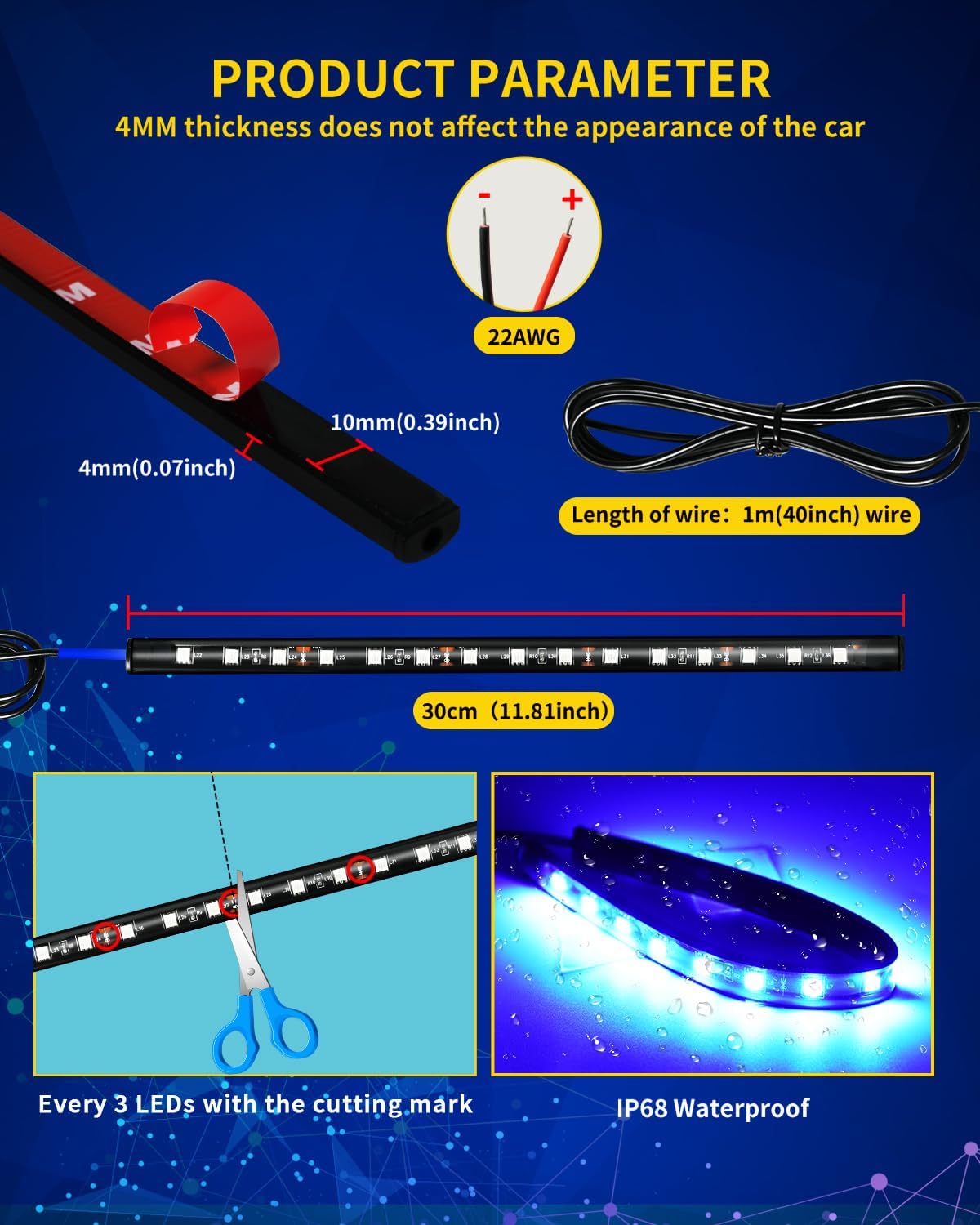 Car Led Light Strip,Blue Interior Lights for Trucks 30CM 15 SMD IP67 Waterproof Car Underglow Lights for Car Motorcycles Boat Golf Cart Home Decoration with 3M Tape(6PCS)