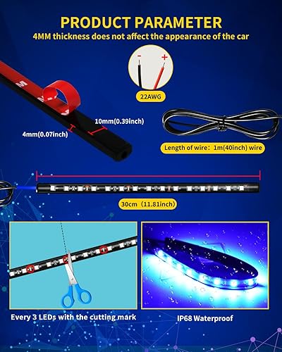 Miniatura 3 de Tira de luz LED para automóvil, luces interiores azules para camiones, 15 SMD, IP67, impermeable, para automóvil, motocicletas, barco, carrito de