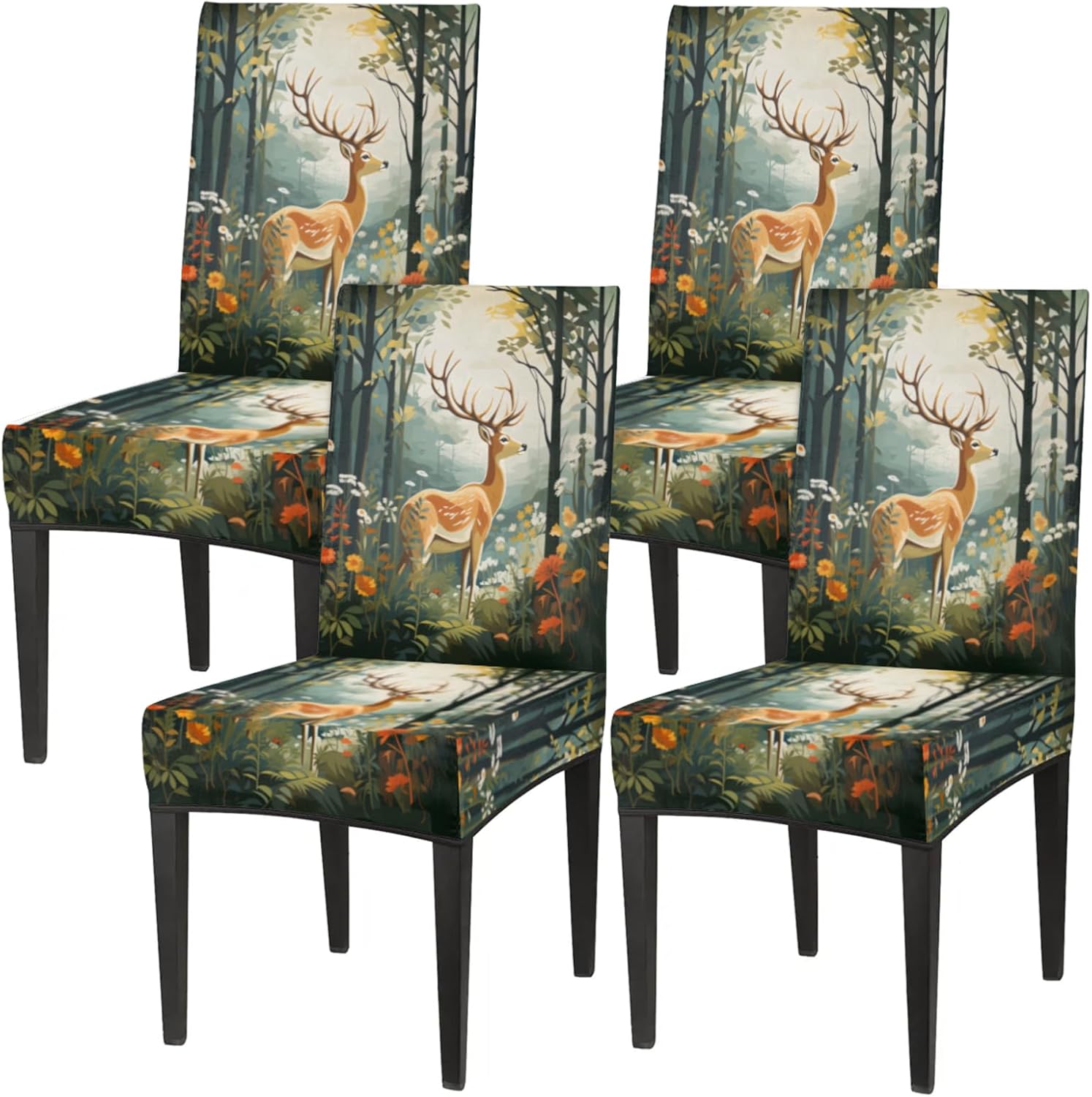 QsirBC Deep Woods Deer Flowers Stretch Dining Room Chair Covers Set of 6 Chair Slipcovers Removable Washable Kitchen Seat Covers Chair Protectors for Hotel Party Wedding