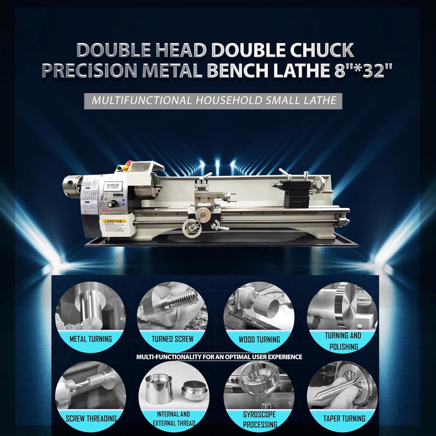 Double Head Double Chuck 8.27"x31.5" Mini Precision Metal Bench Lathe with Spindle Taper MT5 and 1100W DIY Brushless Motor, 10-44 T.P.I Inch Threads, Variable Speed 110V