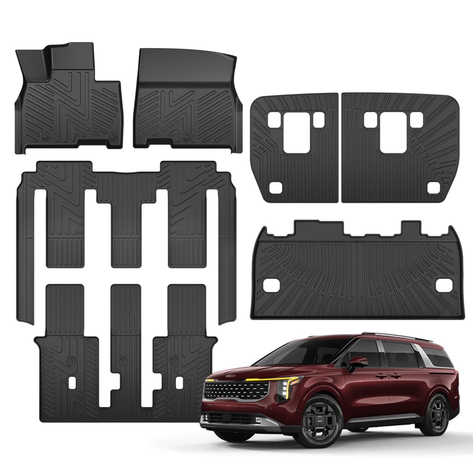 Floor Mats & Cargo Liner & Backrest Mat for Kia Carnival MPV 8 Seats 2022 2023 2024 2025 (Not for 2025 EX)(Not for Hybrid & Prestige Models)(Fits LX w/seat Package, EX and SX) All Weather TPE Liners