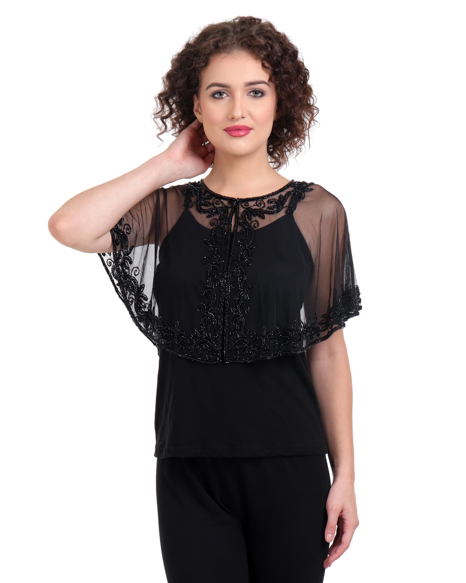 Women's Net Cape Poncho Top with Embroidery, Round Neck, Short Length, Black, Free Size-image-5