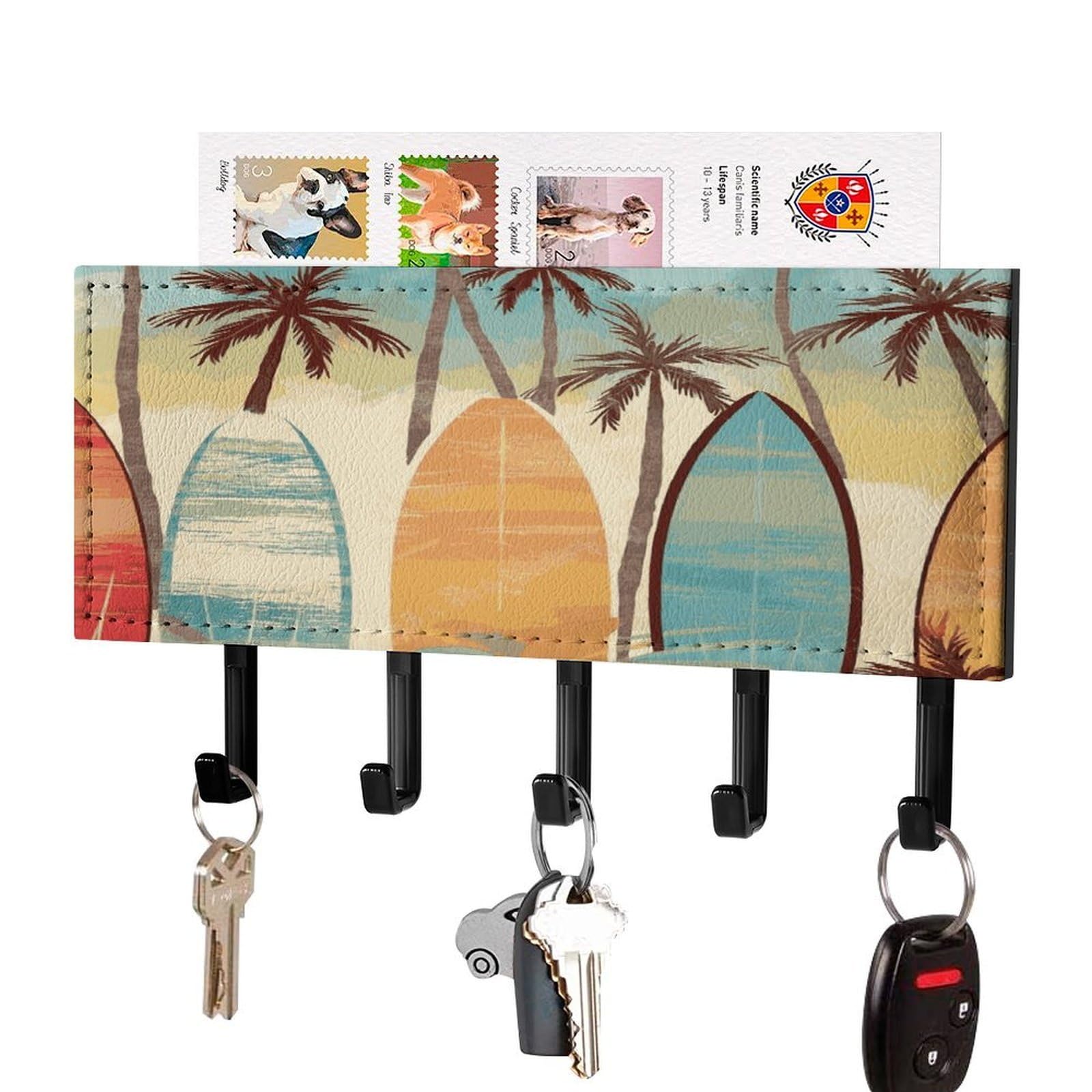 LDGSUPH Surfboard Palm Tree Key Holder Wall Mount Key Hanger with 5 Hooks Fashion Key Organizer Rack Hanging Key Hooks with Mail Organizer Key Rack for Home Entryway Hallway Black-Style