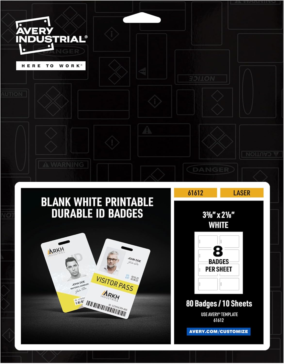 Avery Durable Tall ID Badges for Lanyards, Laser Printable on Both Sides, Blank White, 80 Total, 3.375" x 2.125" (61612)