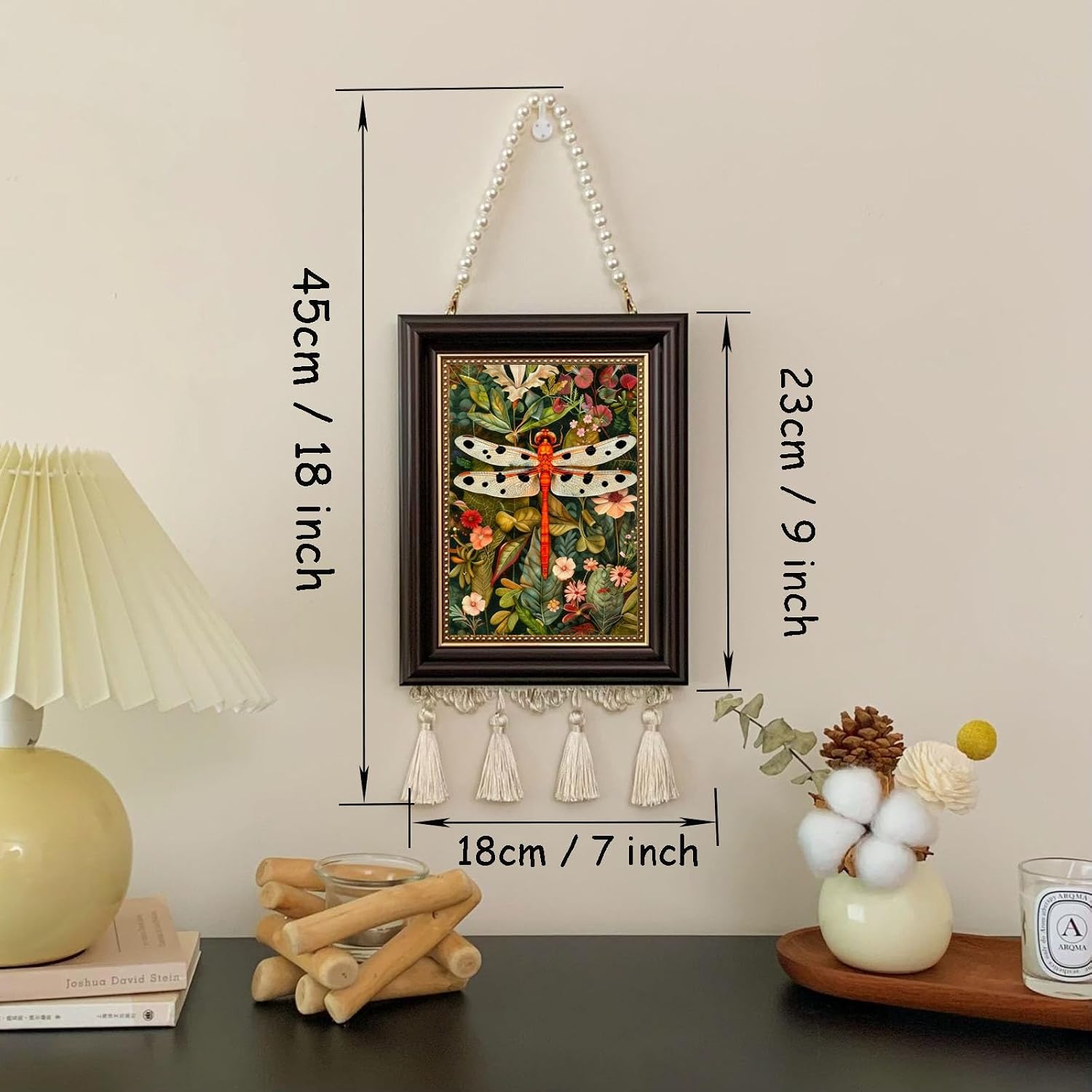 Vintage Dragonfly Floral Wall Art - Retro Framed Botanical Insect Print Painting with Tassel Pearl, Boho Wall Decor for Bedroom, Rustic Farmhouse Home Decoration, Unique Gift for Nature Lovers image 5