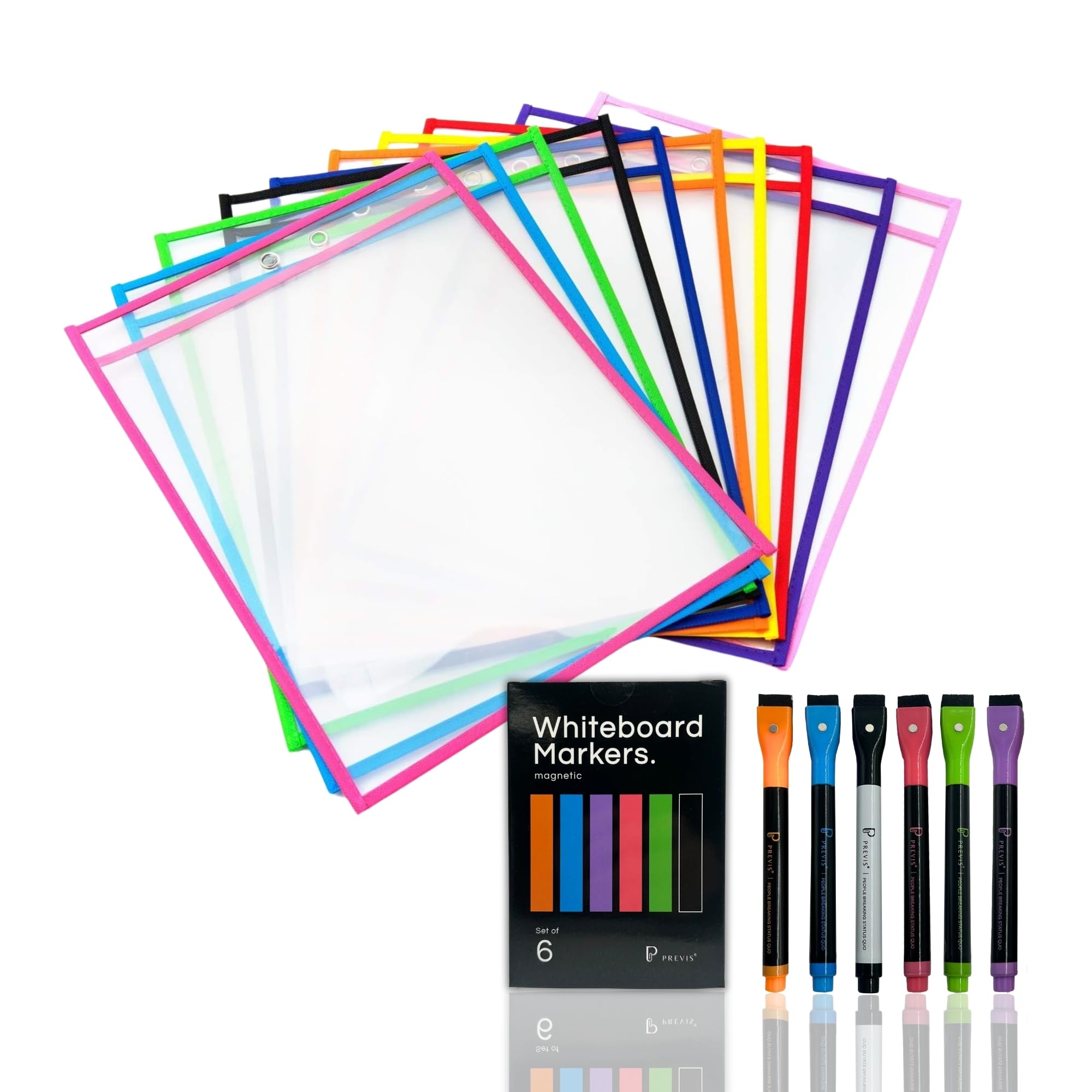 PREVIS Fundas Borrables A4 Tamaño Folio - 10 Unidades + 6 Rotuladores con Borrador