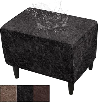 Stretch Ottoman Cover Rectangular, PU Leather Ottoman Slipcover Waterproof, Footstool Covers Slipcovers Rectangle with Elastic Band, Non Slip Footstool Protector Covers for Living RoomBlack,Small