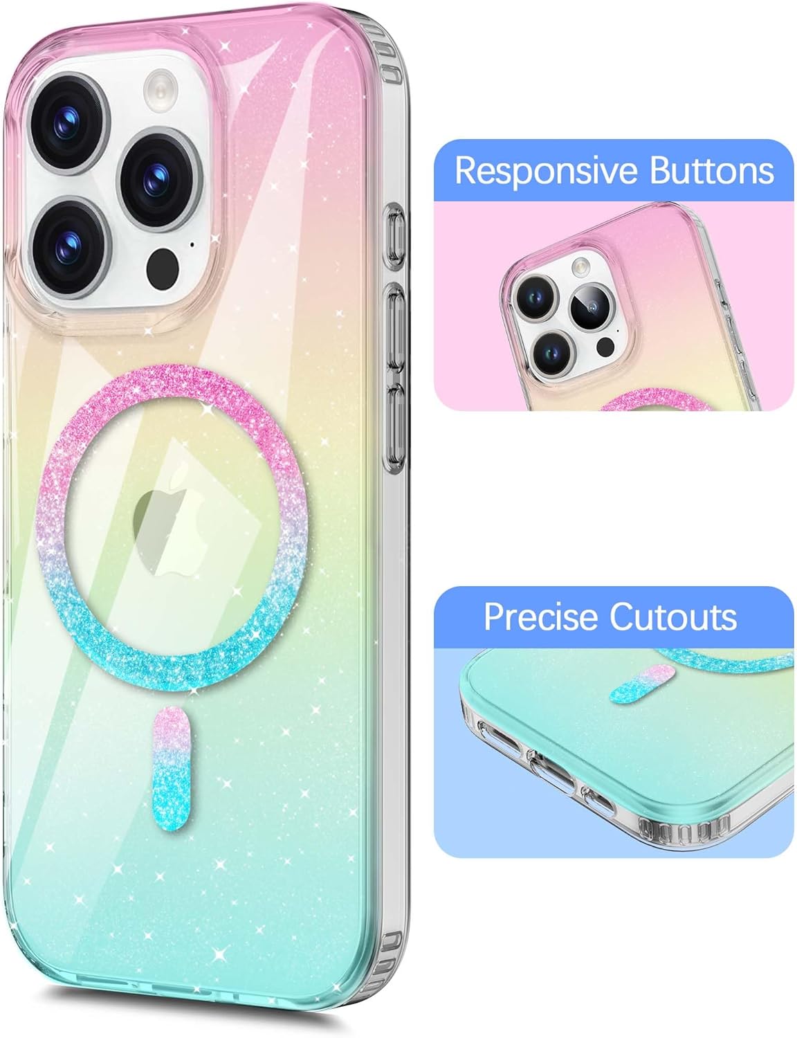 TOPAUX for iPhone 16 Pro Max Case Clear Bling Glitter Magnetic 16 Pro Max Slim Cover for MagSafe Iridescent Transparent Thin Cover Anti-Scratch Impact Resistant Protective Jelly Hard Shell Blue Pink - Image 6