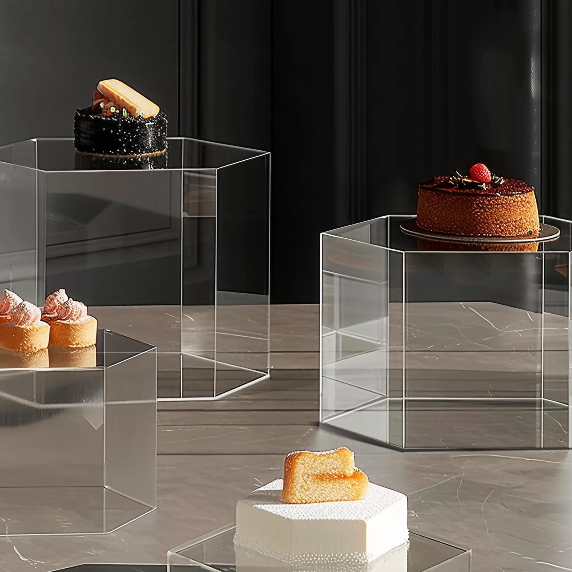 6 Stück Acryl-Boxen für Display, sechseckige Schmuckvitrine, sechseckige Erhöhung Vitrinen, Acryl-Vitrinen, transparent