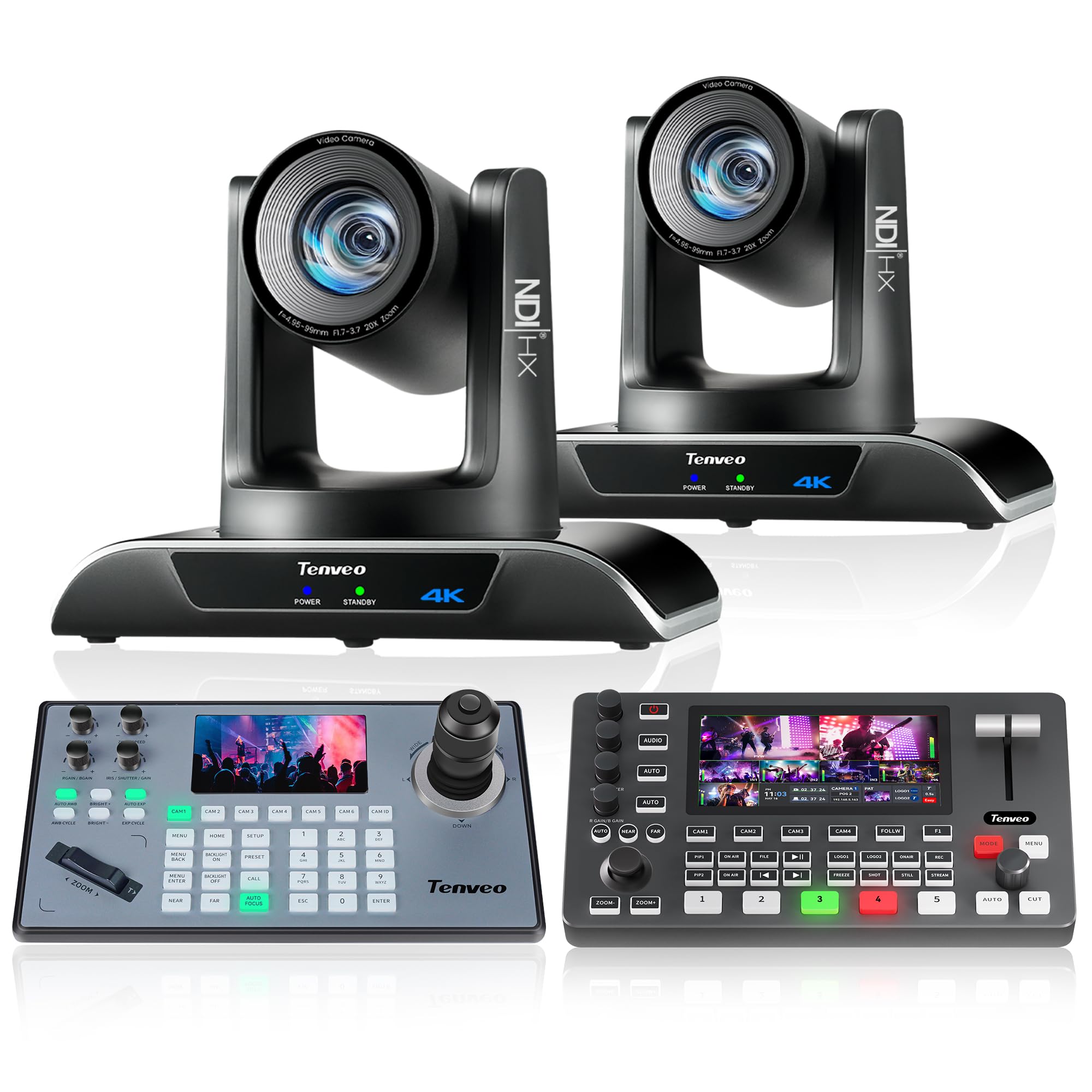 Tenveo Cámara PTZ NDI 4K IA Auto-Tracking, Zoom óptico 20x（2PCS）+KB200PRO Controlador+Mezclador de Video