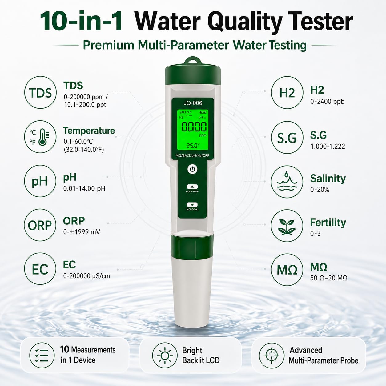 Professional 10-in-1 TDS Water Tester for Drinking Water,Mart Digital Water Quality Tester with AI ADC Chip,Advanced Precision Sensing with ATC Compensation,Advanced Multi-Parameter Water Analysis