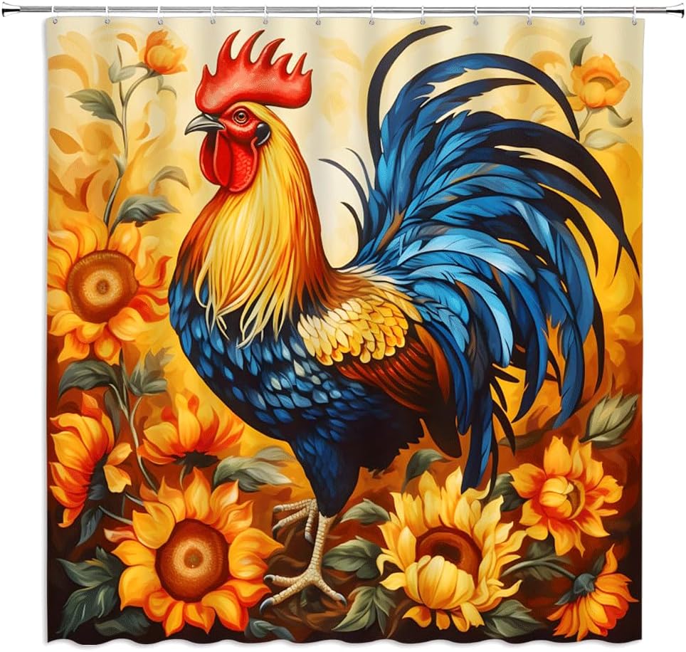 Colorful Rooster Shower Curtain Rustic Farmhouse Cock Chicken Sunflower Animals Plants Nature Scenery Fabric Bathroom Decor Curtains with Hooks,106 x 70