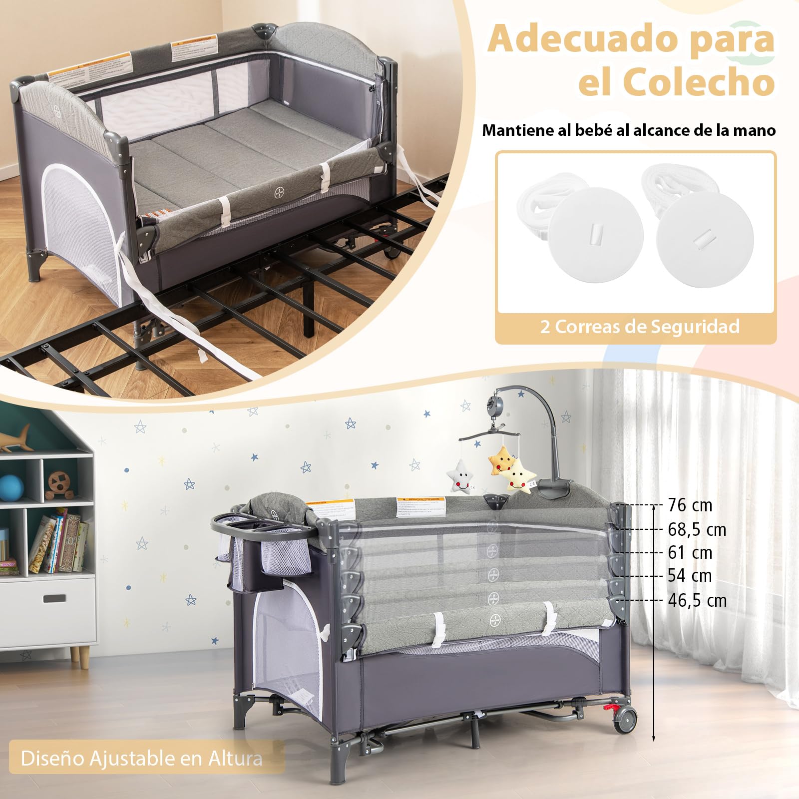 RELAX4LIFE 5 en 1 Cuna Bebé con 5 Alturas Ajustables, Cambiador, Colchón, Caja Música, Juguetes Colgantes y Bolsa de Transporte, Cuna de Viaje con 2 Ruedas Bloqueables para Bebés 0-3 Años (Gris Claro)