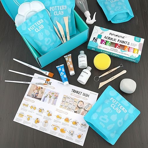 Miniatura 6 de Kit de arcilla seca al aire para principiantes, juego de cerámica todo en uno con herramientas de escultura, pinturas, barniz, kit de manualidades