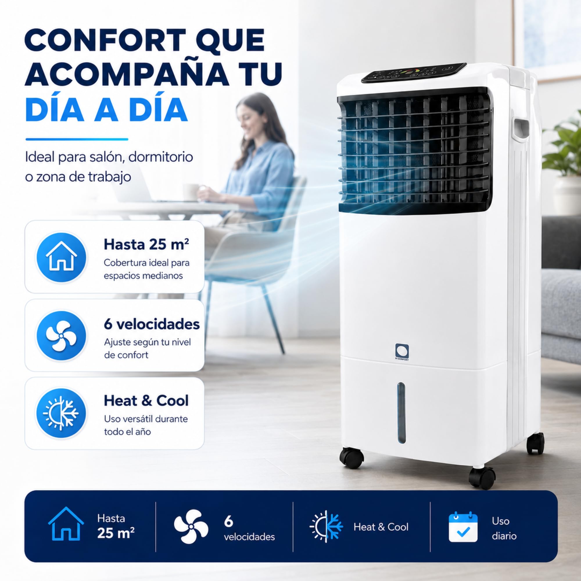 Climatizador Evaporativo VONALA E1300C – Enfriador de Aire y Calefactor 2 en 1 con Ionizador, Depósito 10L, 6 Velocidades, Mando a Distancia, Modo Calor y Frio