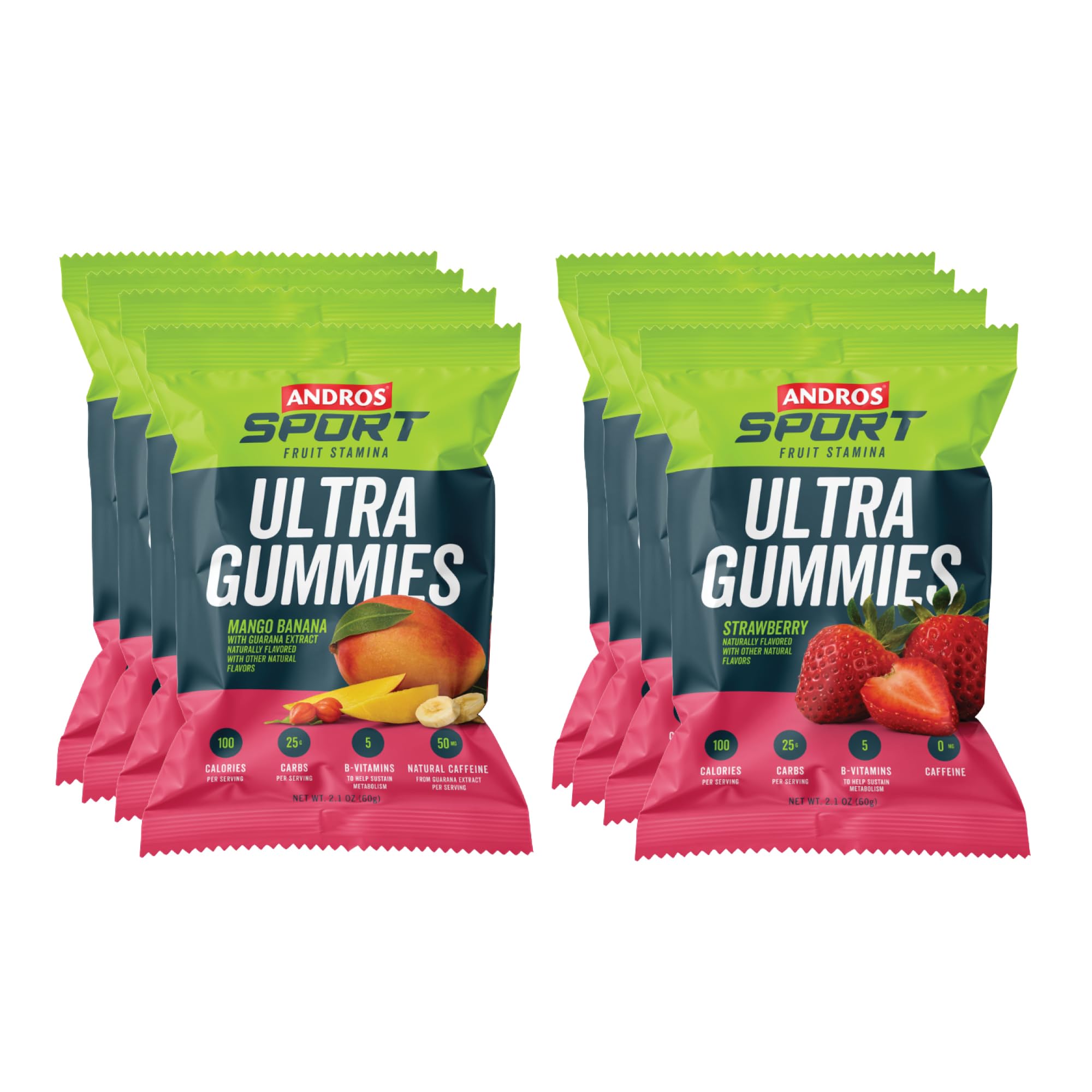 Andros sport Gomas para Nutrição Esportiva com 25 g de carboidratos e 50 mg de cafeína, pacote com 8