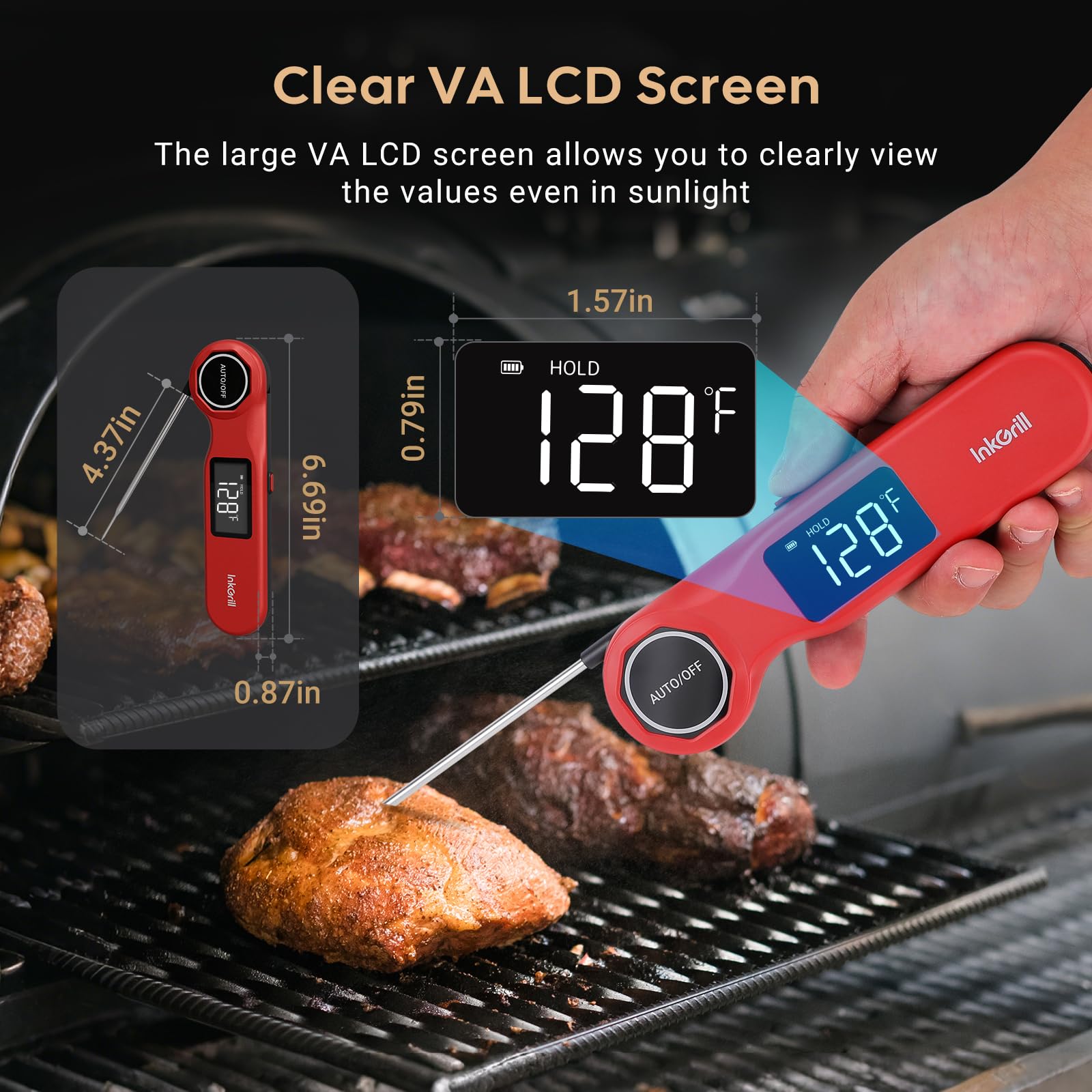 Termómetro de carne recargable de lectura instantánea de 0,5 segundos para cocinar, precisión de ± 0.-15.0 °C, termómetro digital de alimentos con pantalla grande, termómetro de cocina impermeable