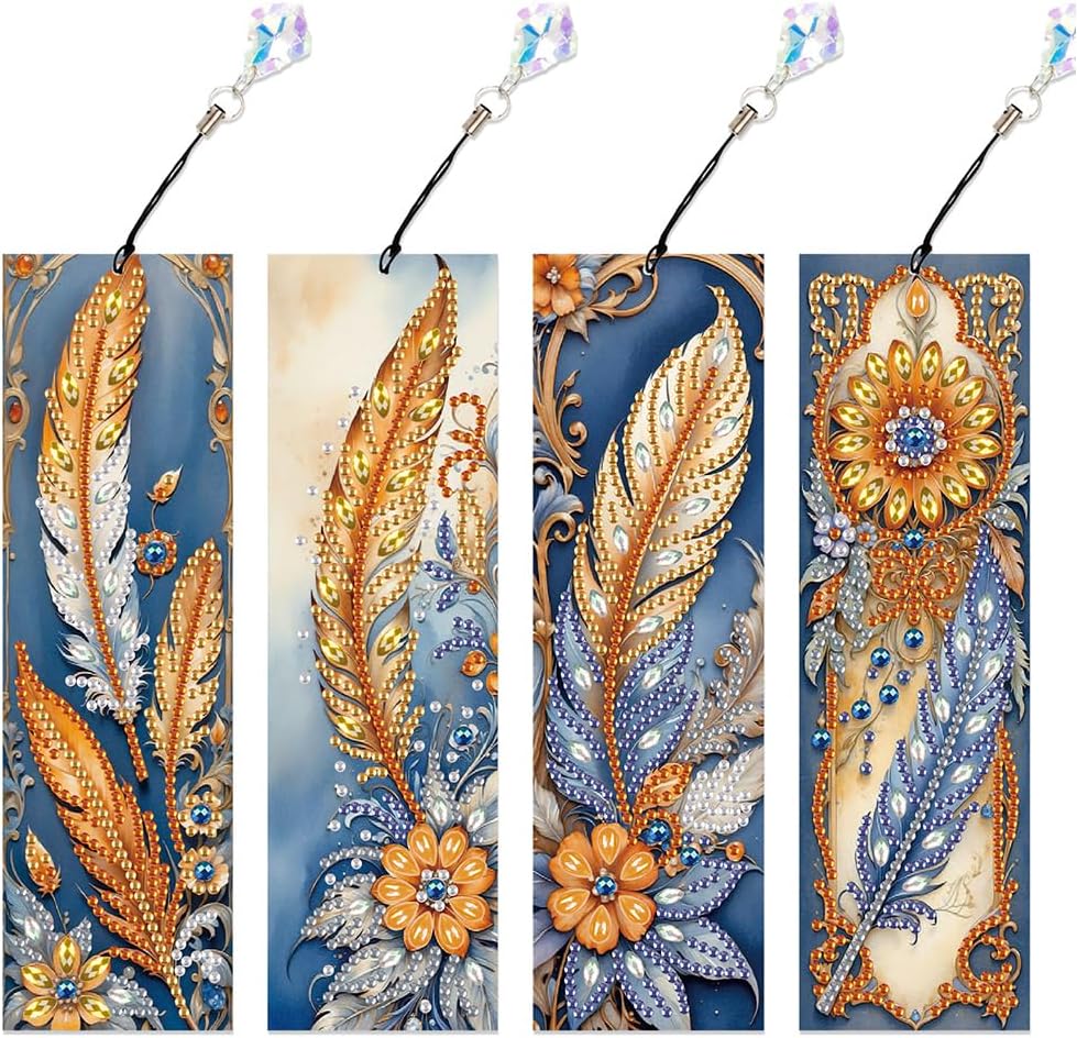 C'eitura Diamond Art Painting Bookmarks 4 Pack, 5D DIY Rhinestone Art Bookmark Set Luxury Golden Feather Floral Baroque Special Shaped Drill with Crystal Tassel Craft Gift for Adults Readers Beginners