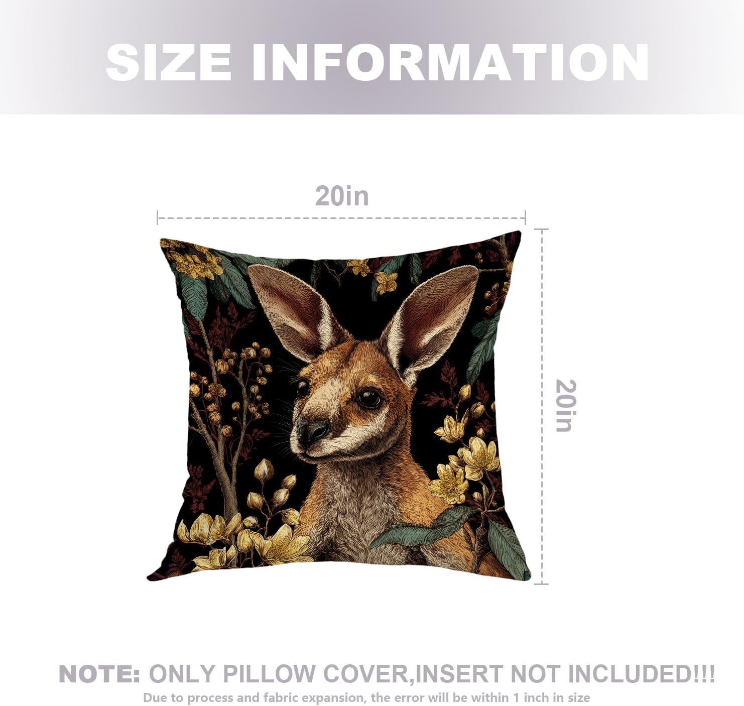 Cute Kangaroo Throw Pillow Covers, Kangaroo with Flowers Leaves Cushion Cover Digital Blended Hidden Zipperl Decorative Pillowcases for Hair Skin Square 20X20 in 2 Pcs