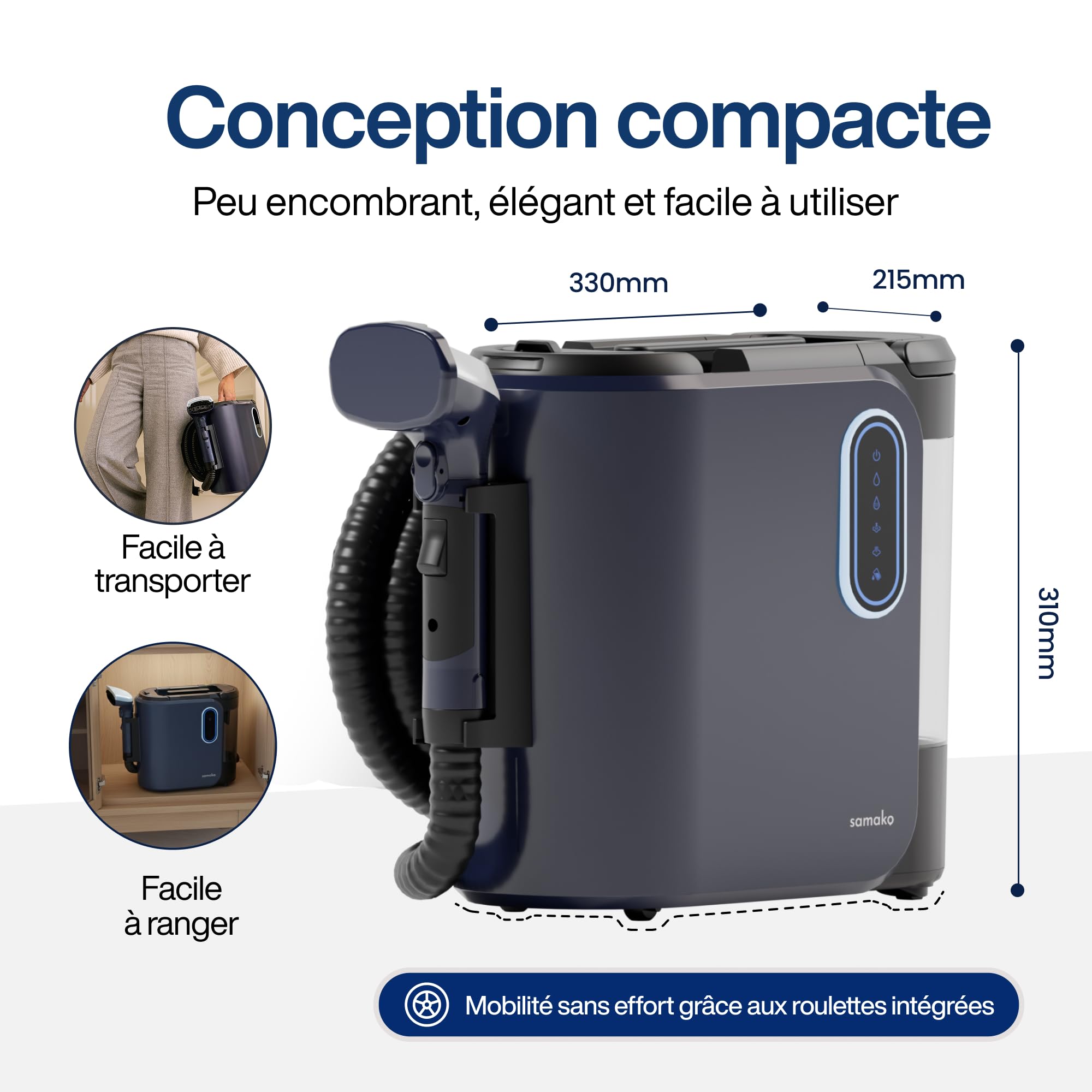Samako PowerClean Pro Nettoyeur à vapeur pour tapis et tapis, filtre HEPA, grands réservoirs d'eau, 8 embouts, nettoyant pour coussins et canapés, bleu