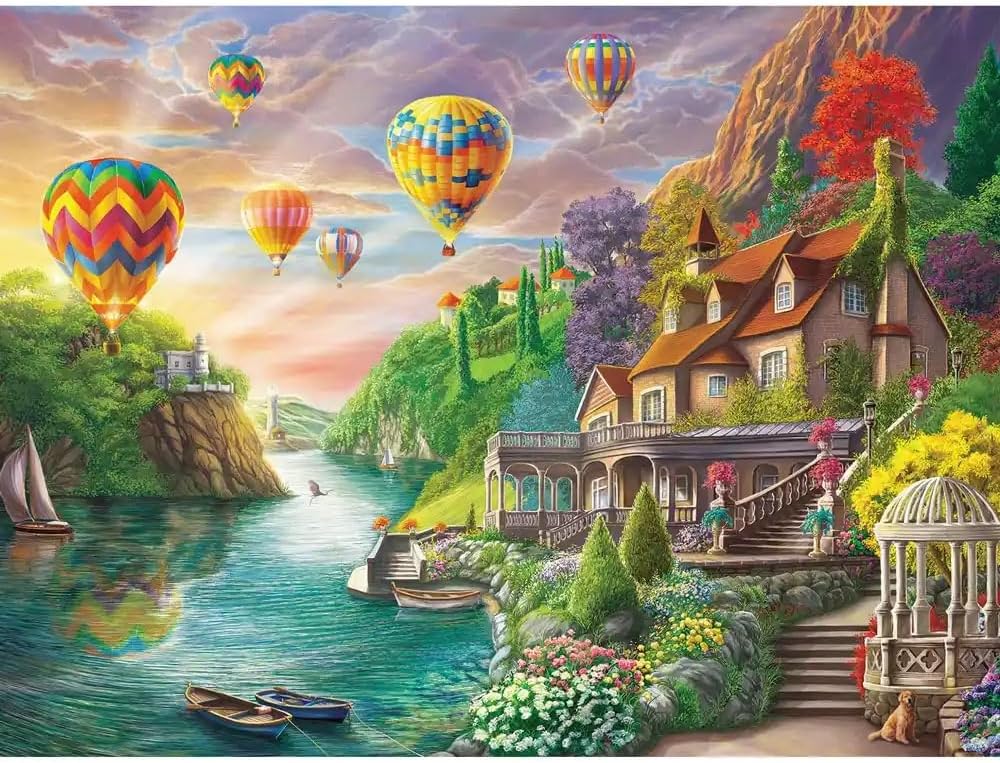 Bits and Pieces 1000 Piece Puzzles for Adults - Large 20" x 27" Jigsaw Puzzles 1000 Pieces Hot Air Balloons Landscape, Random Die Cut, No 2 Pieces Alike, Mansion by the Lake