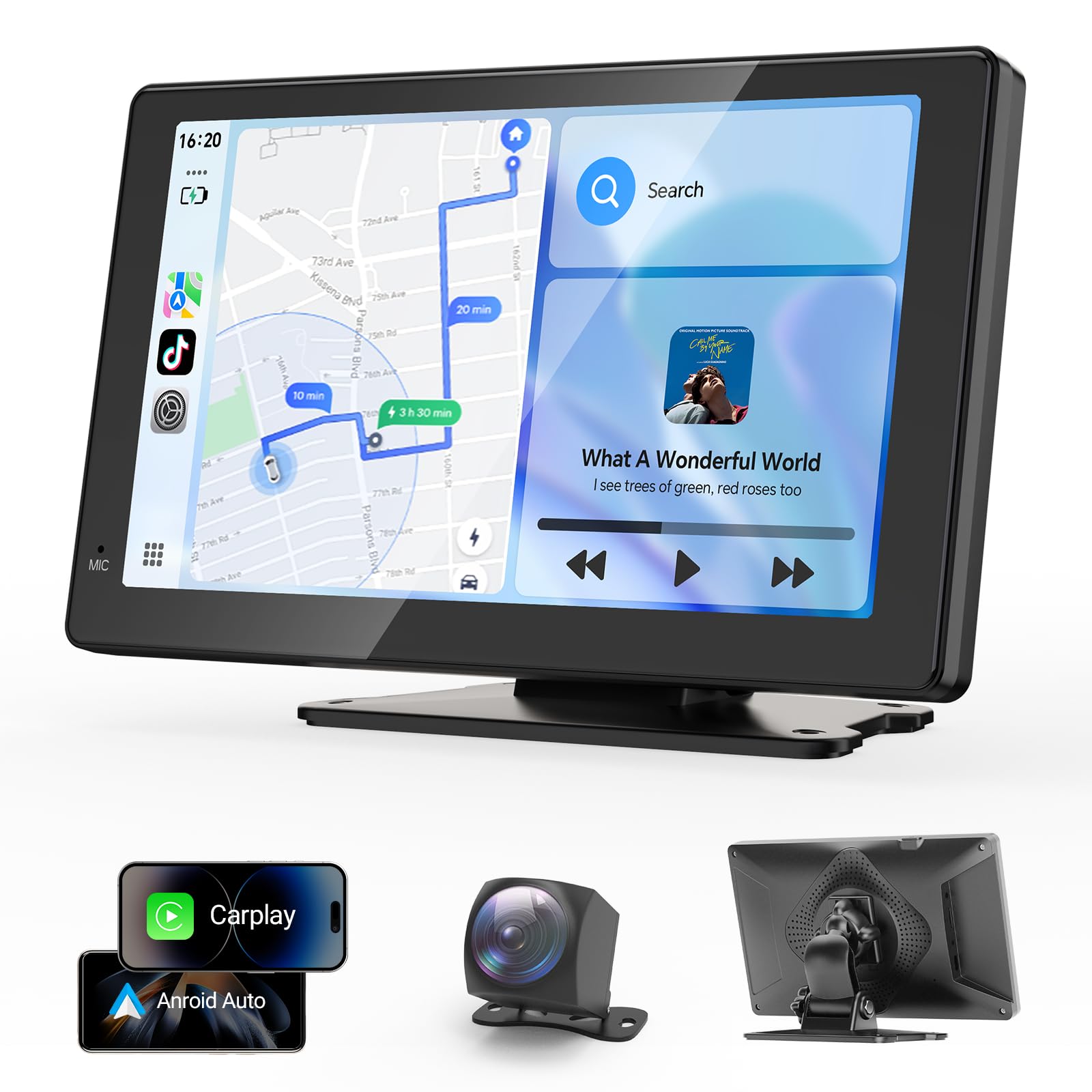 Haudio Pantalla CarPlay 7 Pulgadas para Apple y Android Auto, Estéreo Portátil con Cámara Trasera 1080P, CarPlay Inalámbrico,Control Voz,Mirror Link, Pantalla Táctil Compatible con Todos los Vehículos