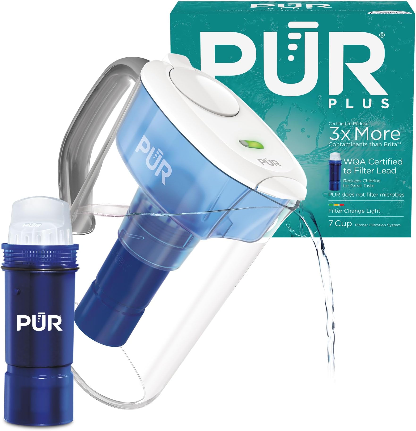 PUR PLUS 7-Cup Water Filter Pitcher with 1 Lead-Reducing PUR Plus Filter, Dishwasher Safe, Powerful Filtration, Filter Change Indicator Light, White, PPT711W