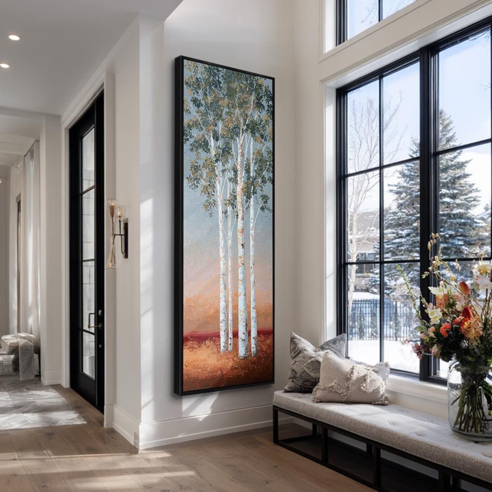 XINBAO Birch Tree Canvas Art, Tall Vertical Forest Nature Painting, Framed Print .Horizontal Canvas Wall Art, Home Wall Decor(65x195cm/Frameless)