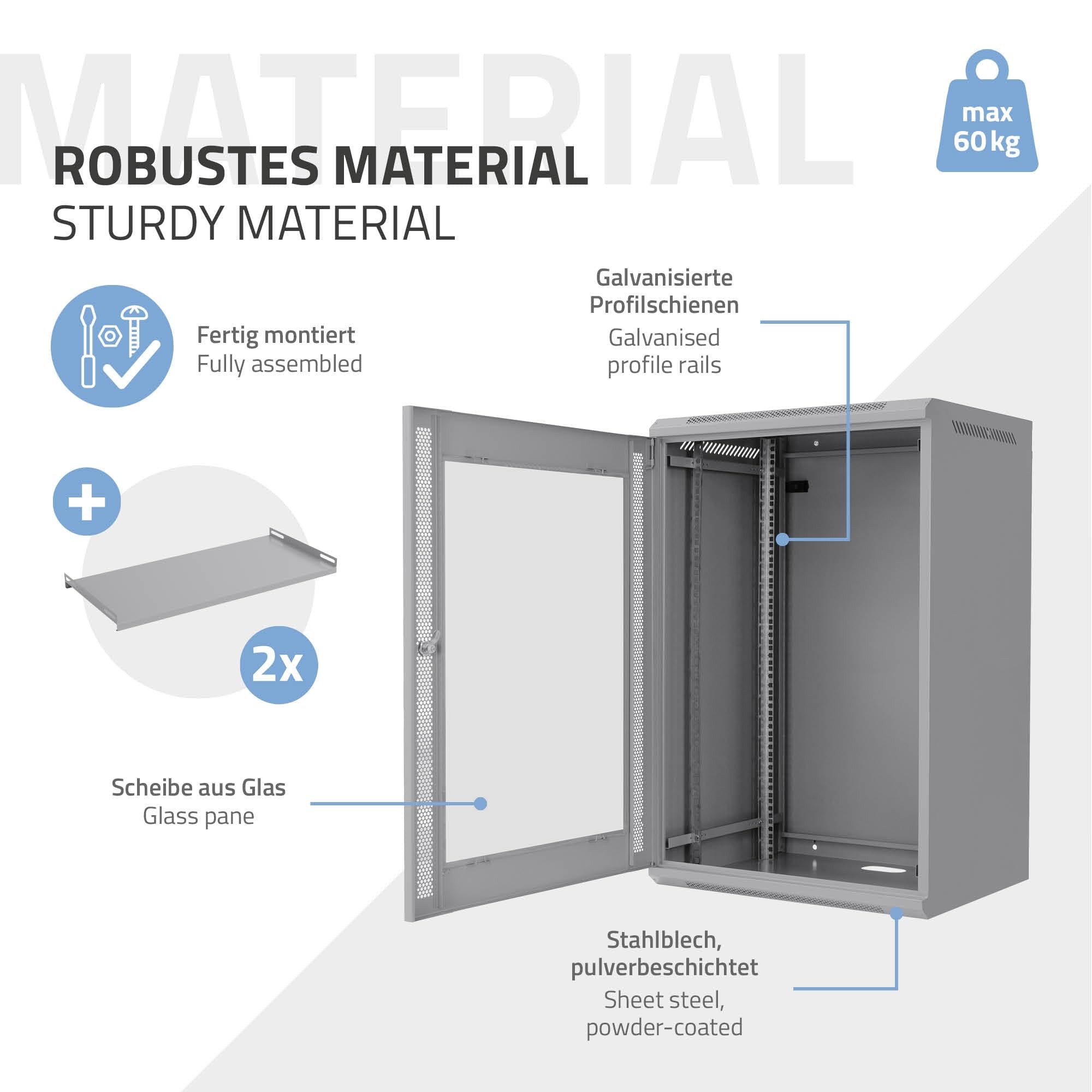ECD Germany Armadio Rete 18U Armadio per Server 19 Pollici Grigio 450mm Profondità Montaggio a Parete Porta Vetro Sicura Fino a 60 kg Ripiano Incluso Grado di Protezione IP20 Rack 600 x 900 x 450 mm