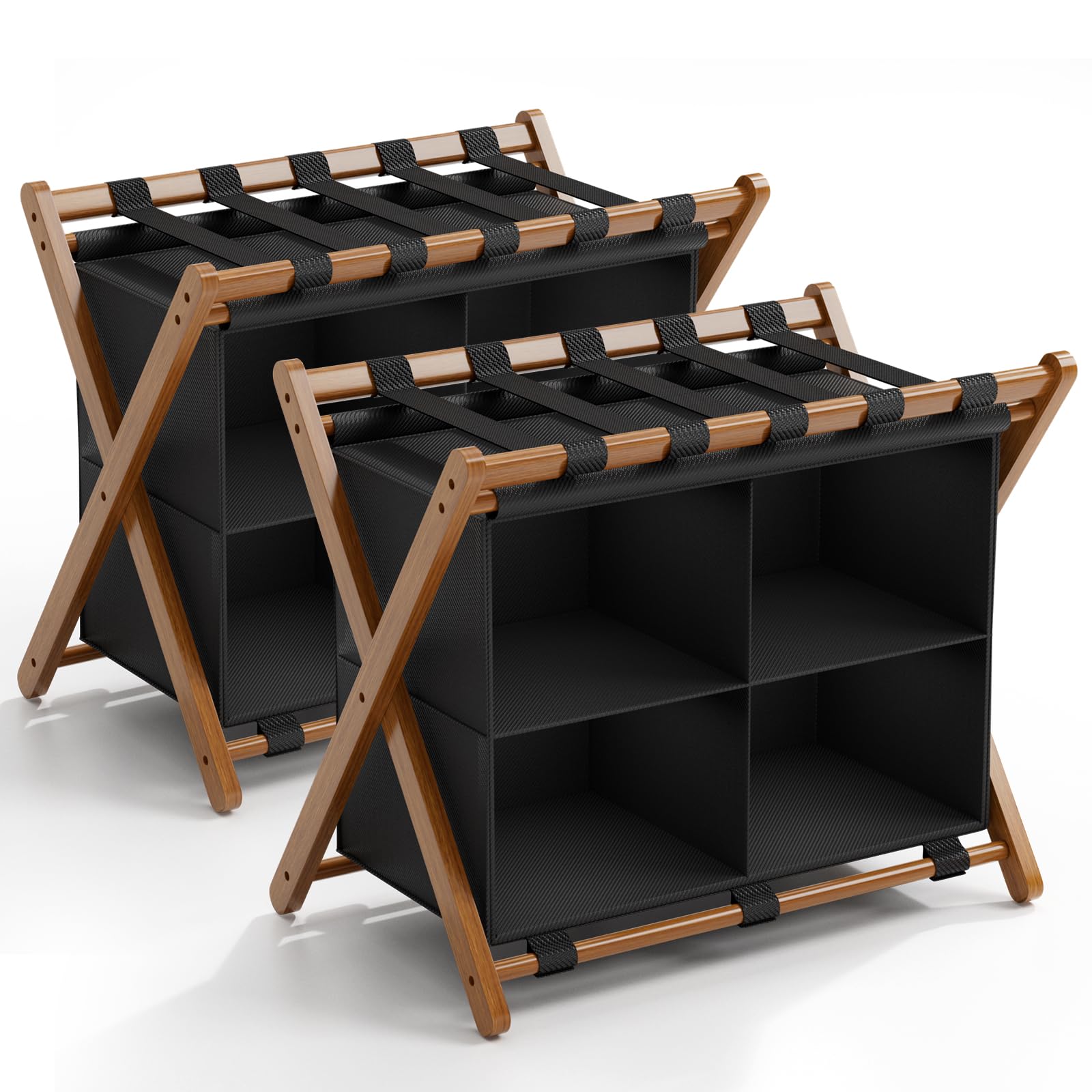 Bamboo Luggage Rack 2 Pack with 4 Storage Compartments, Foldable Suitcase Stand for Guest Room, 150lbs Capacity, Sturdy, Space-Saving and Easy to Assemble Organizer