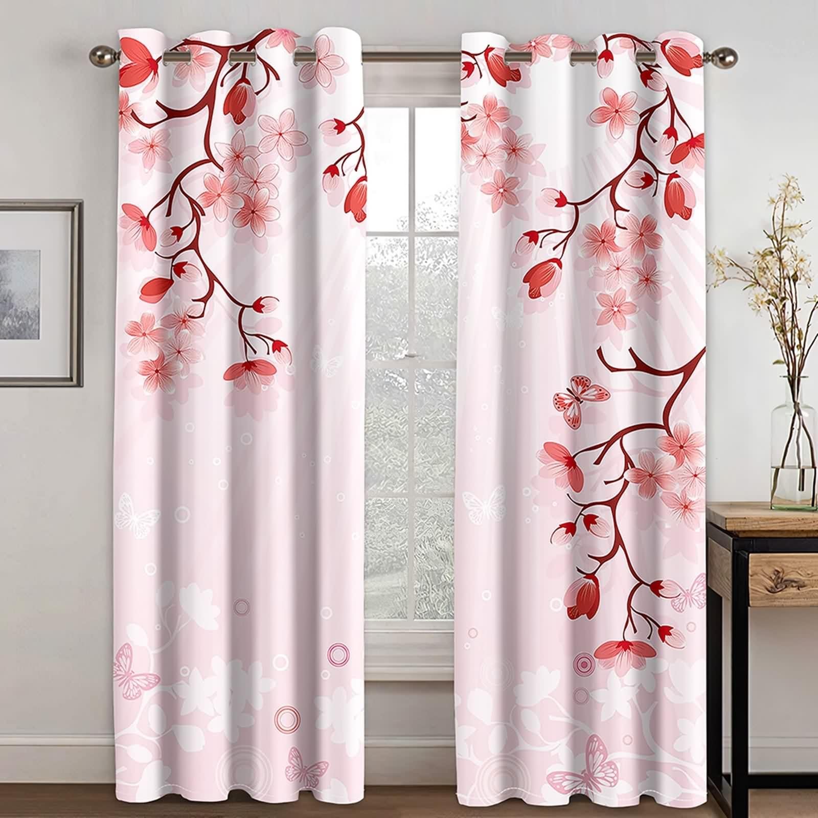 Rideau Anniversaire, Rideau Occultant Cuisine Rose Blanc Polyester Fleurs en Filigrane 102L x 244H CM Lot de 2
